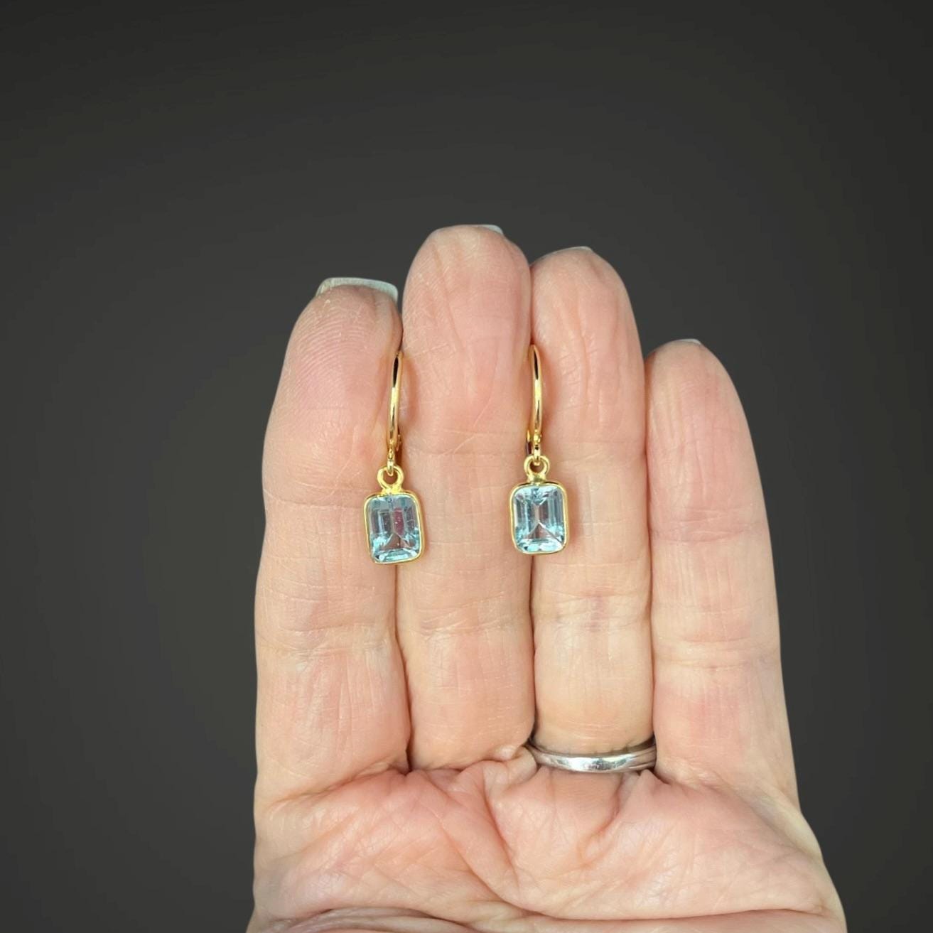 Blue Topaz Emerald Cut Stone Bezel Charms on Gold Vermeil Huggie Hoop Earrings