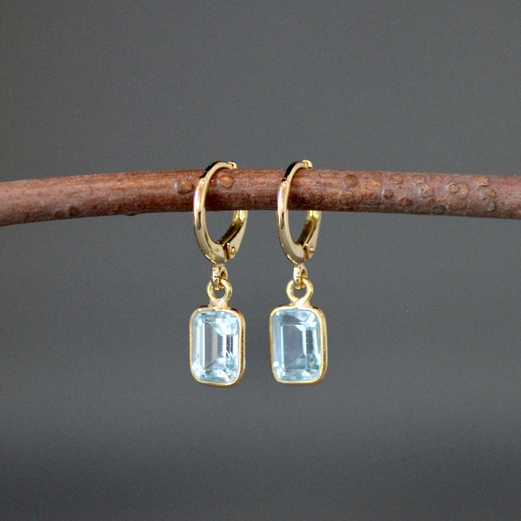 Blue Topaz Emerald Cut Stone Bezel Charms on Gold Vermeil Huggie Hoop Earrings