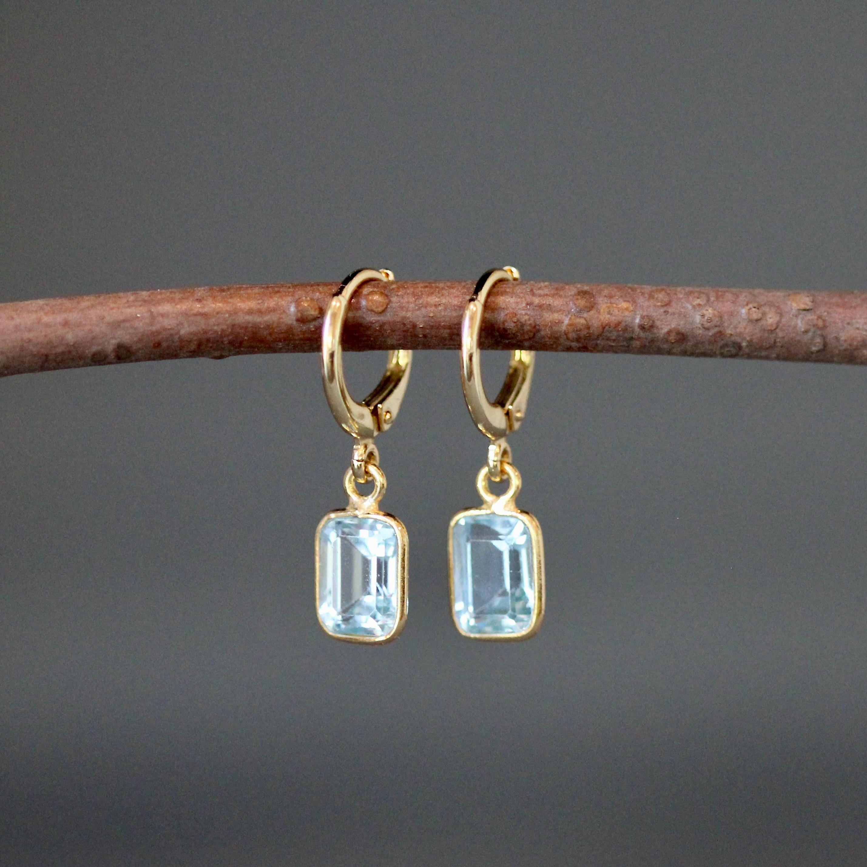 Blue Topaz Emerald Cut Stone Bezel Charms on Gold Vermeil Huggie Hoop Earrings