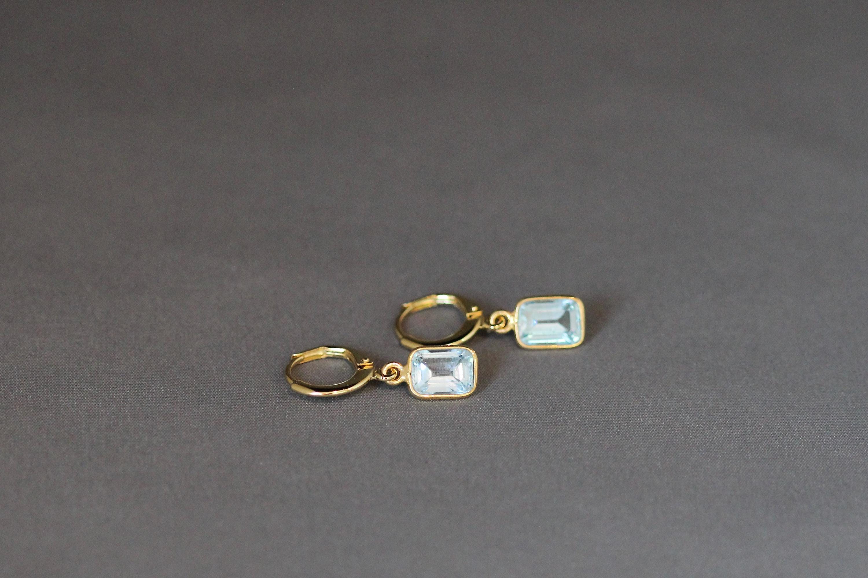 Blue Topaz Emerald Cut Stone Bezel Charms on Gold Vermeil Huggie Hoop Earrings