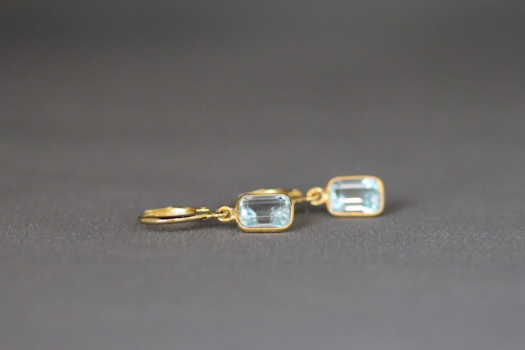 Blue Topaz Emerald Cut Stone Bezel Charms on Gold Vermeil Huggie Hoop Earrings