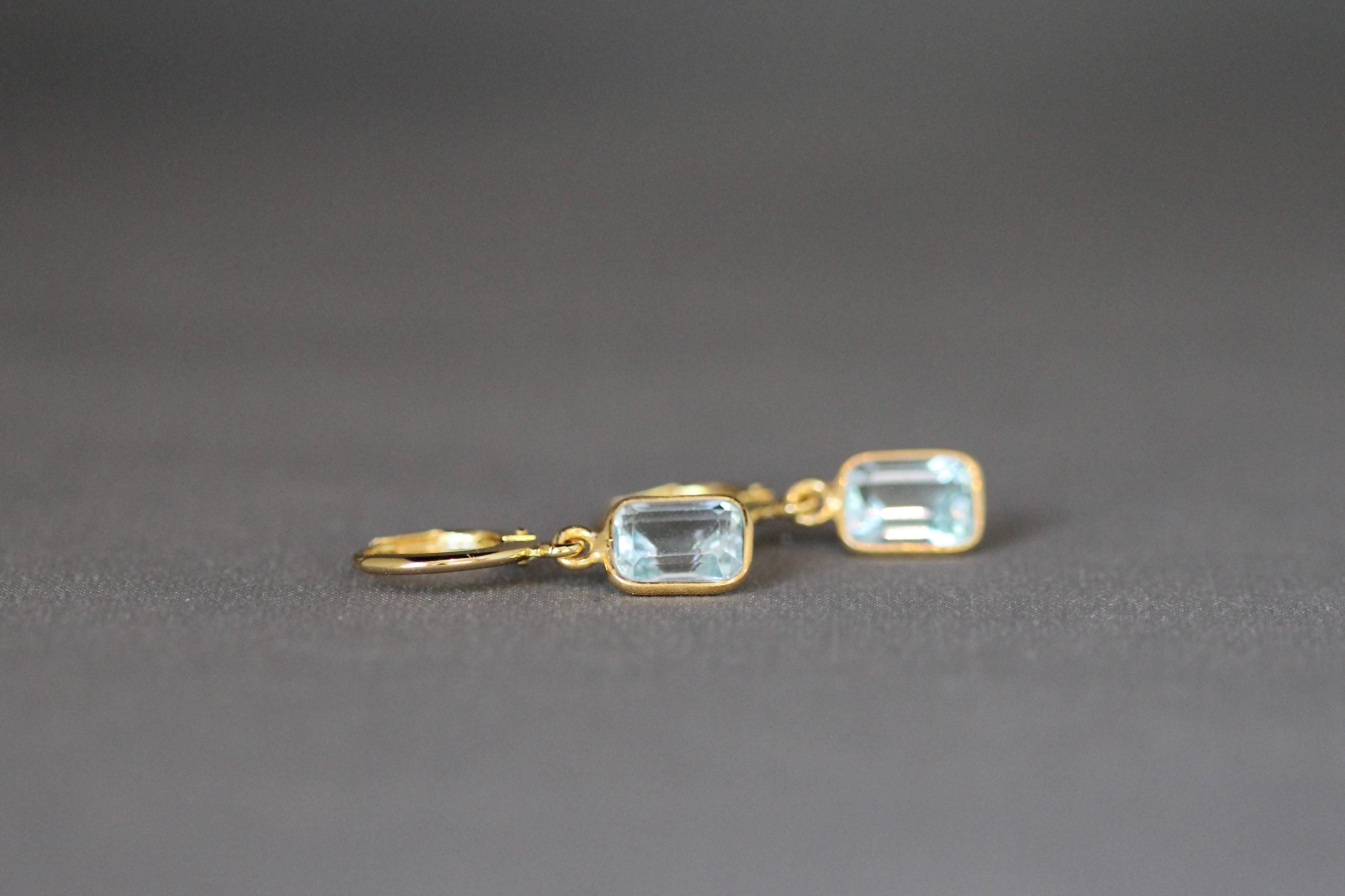 Blue Topaz Emerald Cut Stone Bezel Charms on Gold Vermeil Huggie Hoop Earrings
