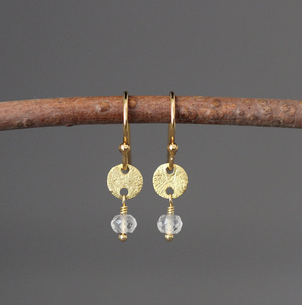 Quartz Crystal on Brushed Gold Vermeil Disc Dangle Earrings