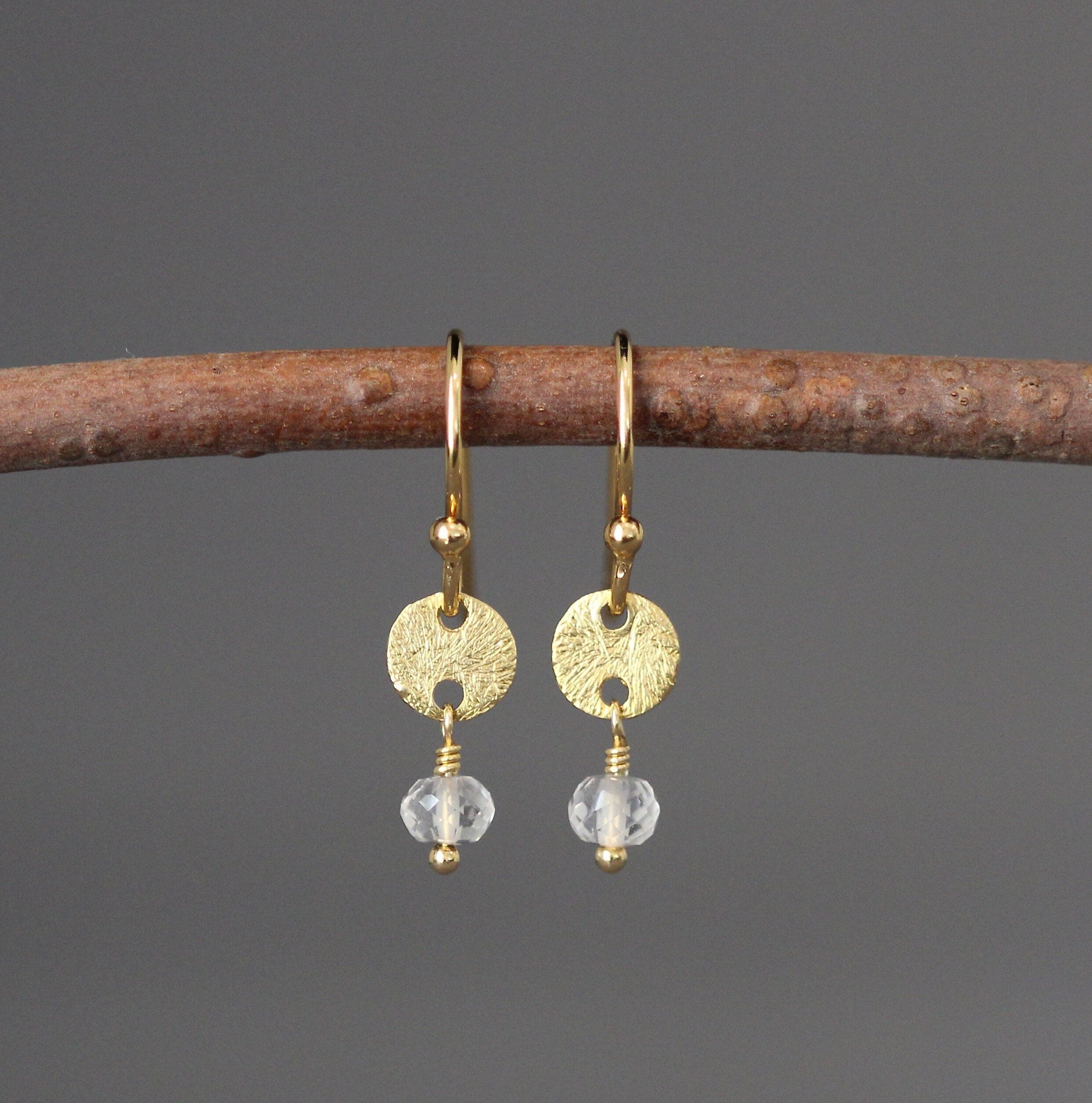 Quartz Crystal on Brushed Gold Vermeil Disc Dangle Earrings