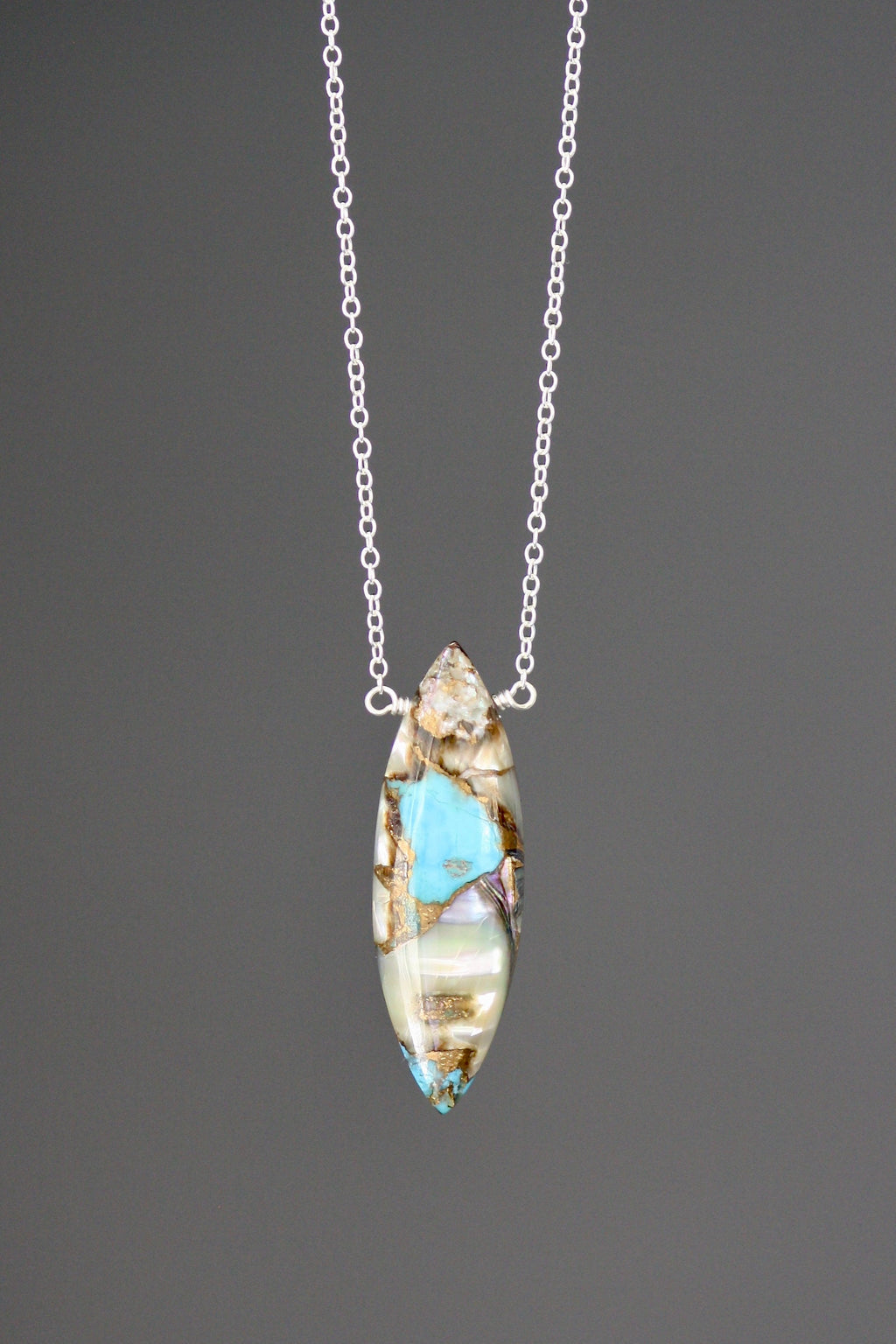 Turquoise and Bronze Abalone Marquise Stone Pendant on a Sterling Silver Chain