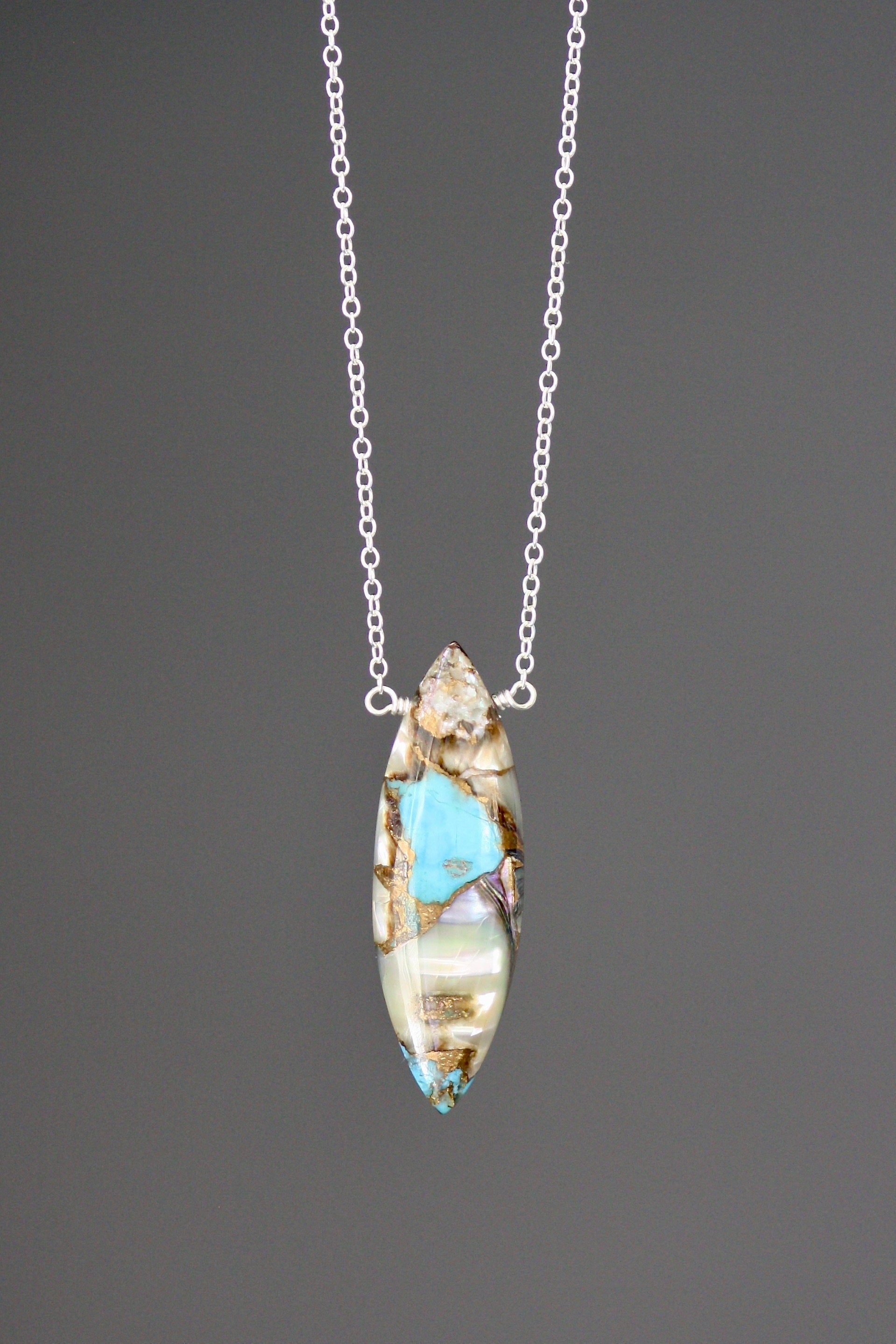 Turquoise and Bronze Abalone Marquise Stone Pendant on a Sterling Silver Chain
