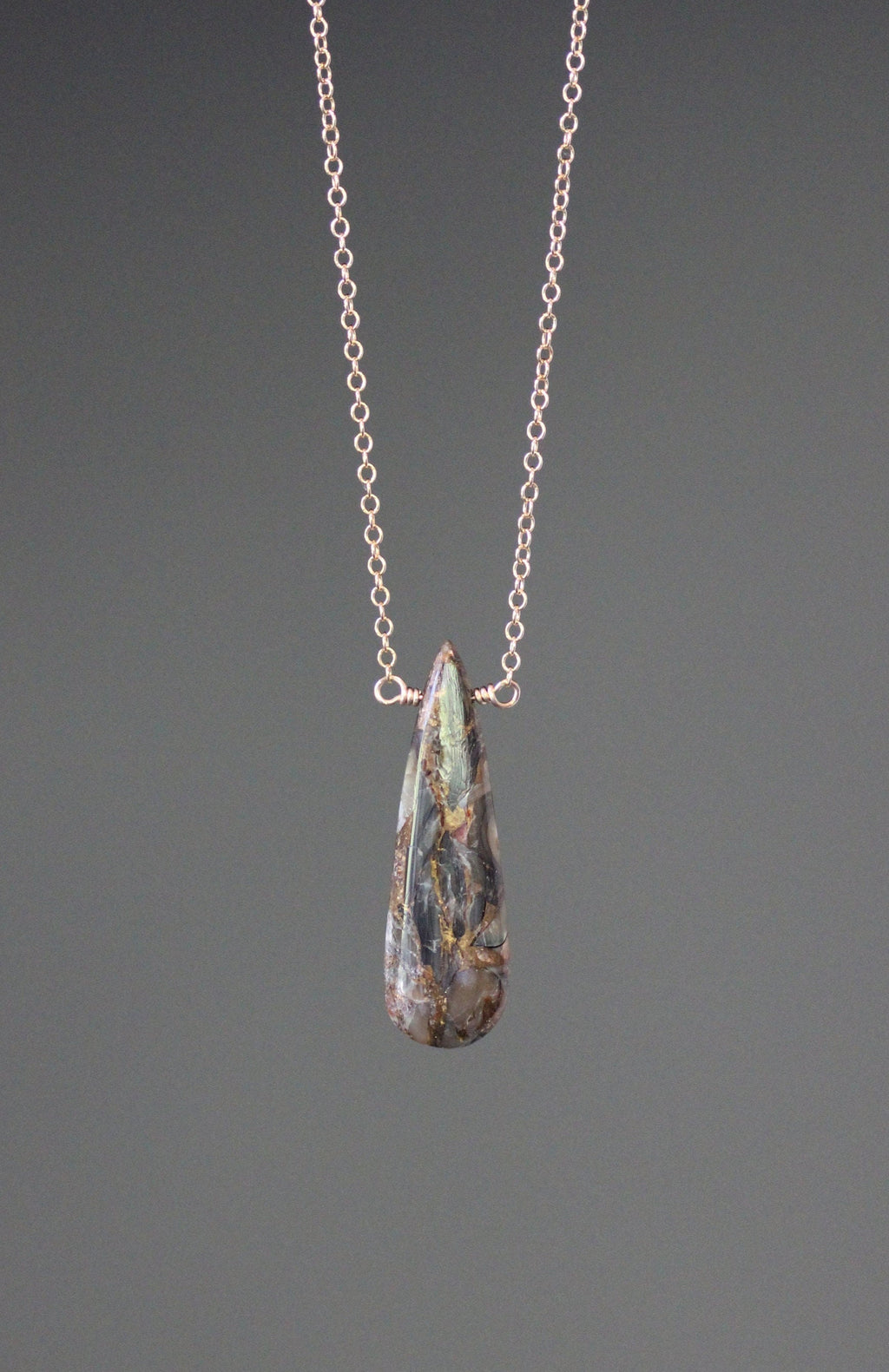 Bronze Abalone Teardrop Pendant Necklace on Gold Chain