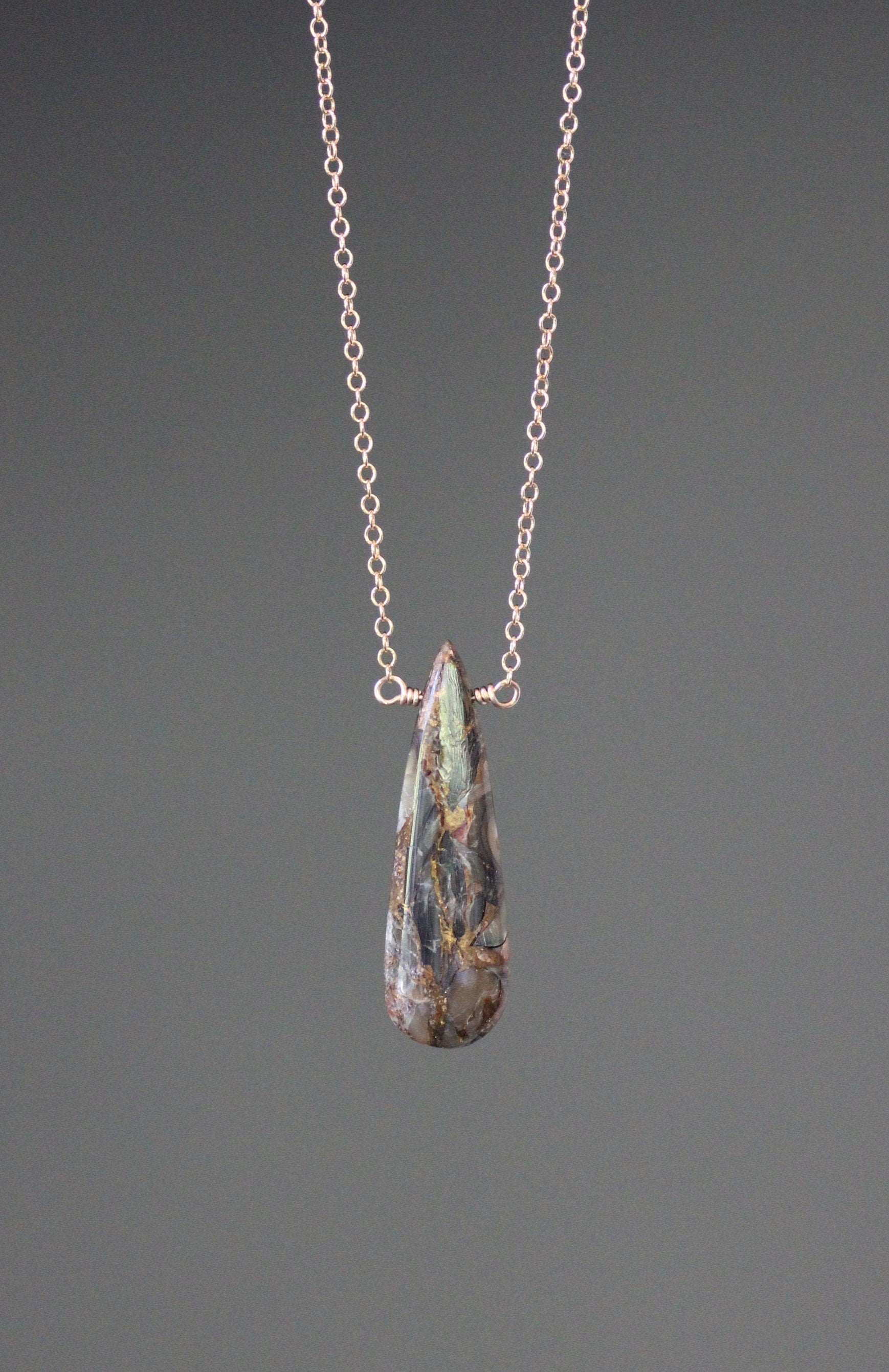 Bronze Abalone Teardrop Pendant Necklace on Gold Chain