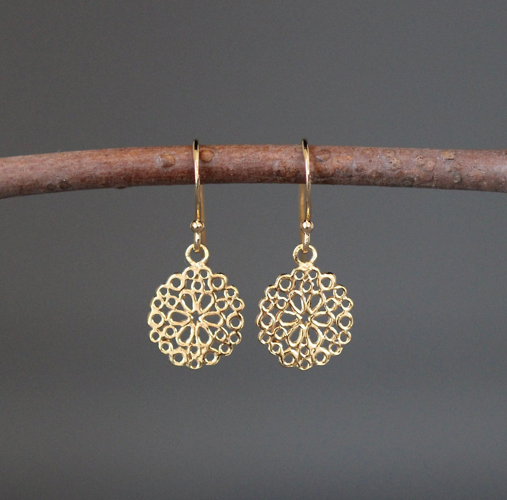 Gold Vermeil Filigree Round Flower Dangle Earrings