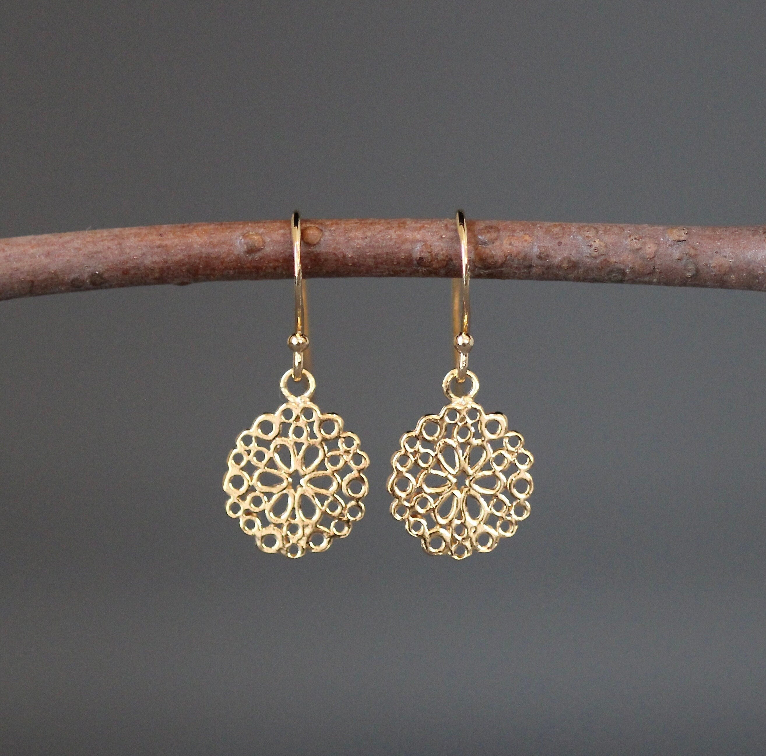 Gold Vermeil Filigree Round Flower Dangle Earrings
