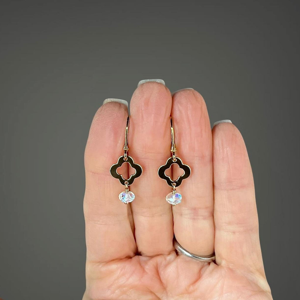 Fire Rainbow Moonstone Quartz Dangle Earrings on Gold Vermeil Quatrefoil Links