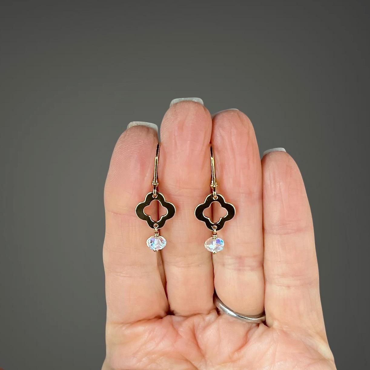 Fire Rainbow Moonstone Quartz Dangle Earrings on Gold Vermeil Quatrefoil Links