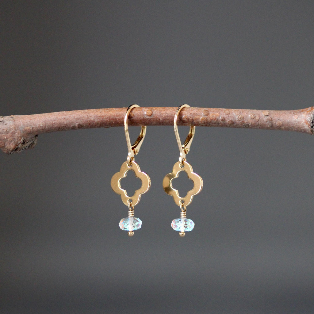 Fire Rainbow Moonstone Quartz Dangle Earrings on Gold Vermeil Quatrefoil Links