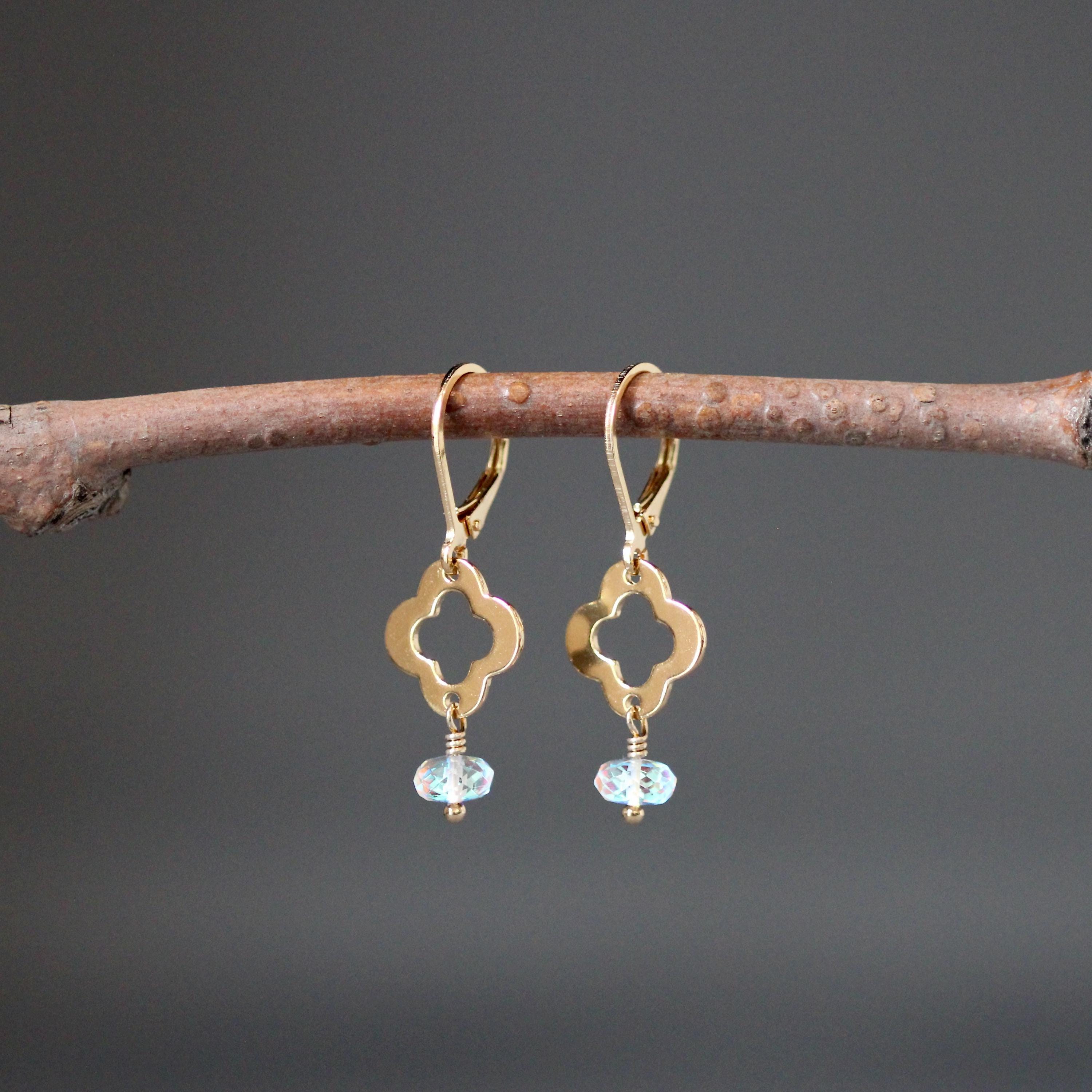 Fire Rainbow Moonstone Quartz Dangle Earrings on Gold Vermeil Quatrefoil Links