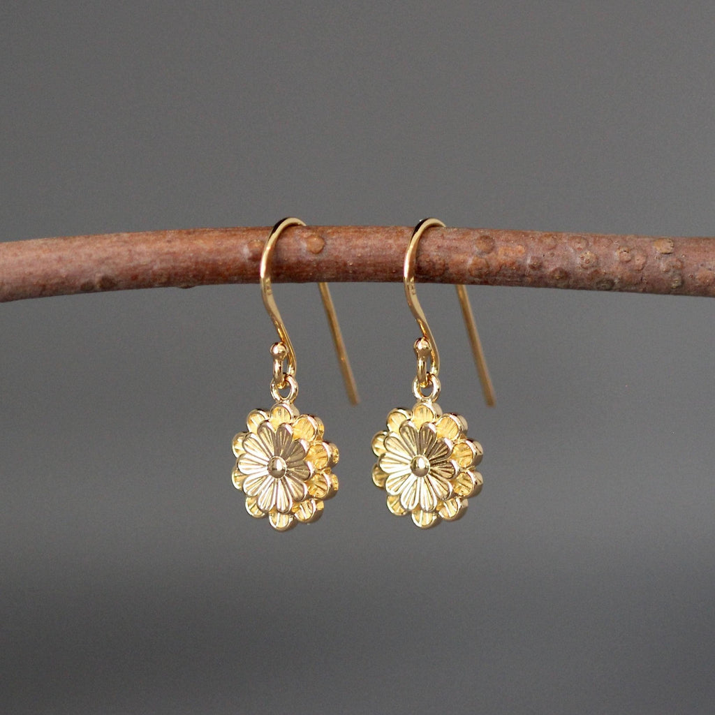 Double Gold Vermeil Flower Charm Dangle Earrings