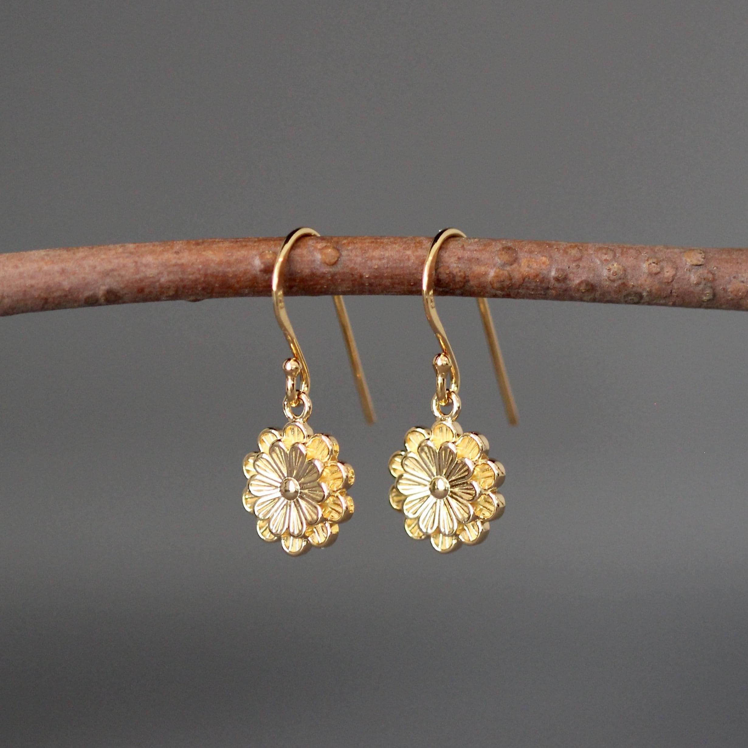 Double Gold Vermeil Flower Charm Dangle Earrings