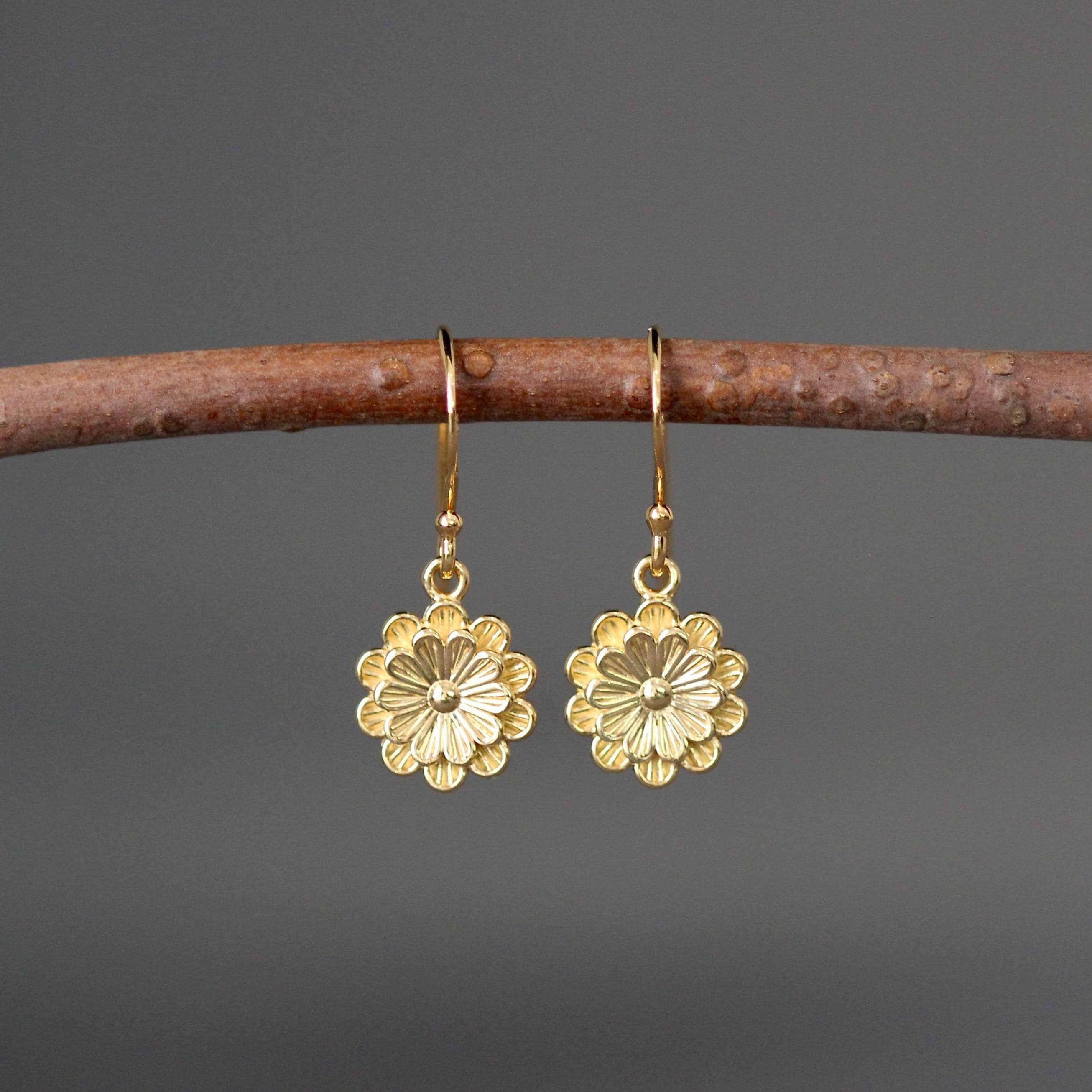 Double Gold Vermeil Flower Charm Dangle Earrings