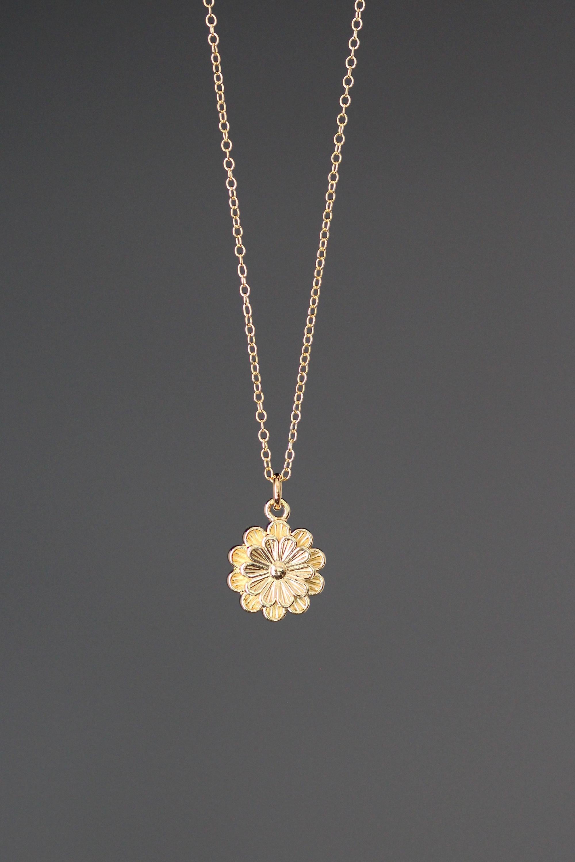Gold Vermeil Flower Charm Pendant on Gold Filled Chain