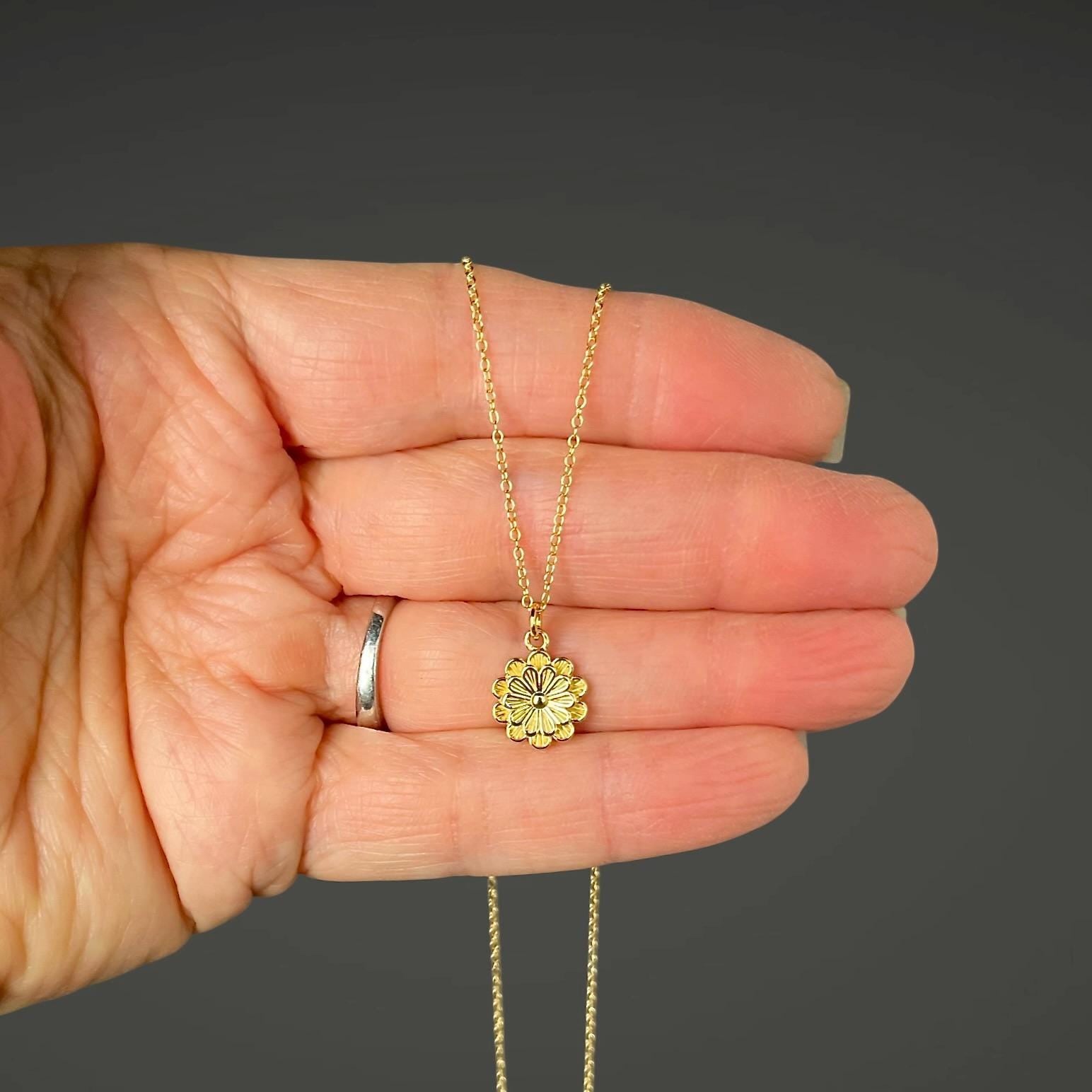Gold Vermeil Flower Charm Pendant on Gold Filled Chain
