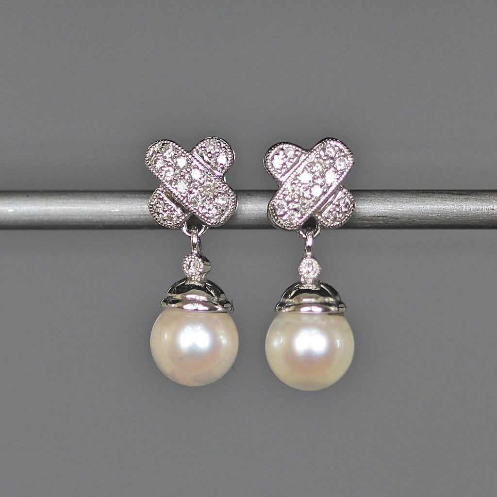 Cultured Pearl and Pave Diamond Dangle Earrings in Gold