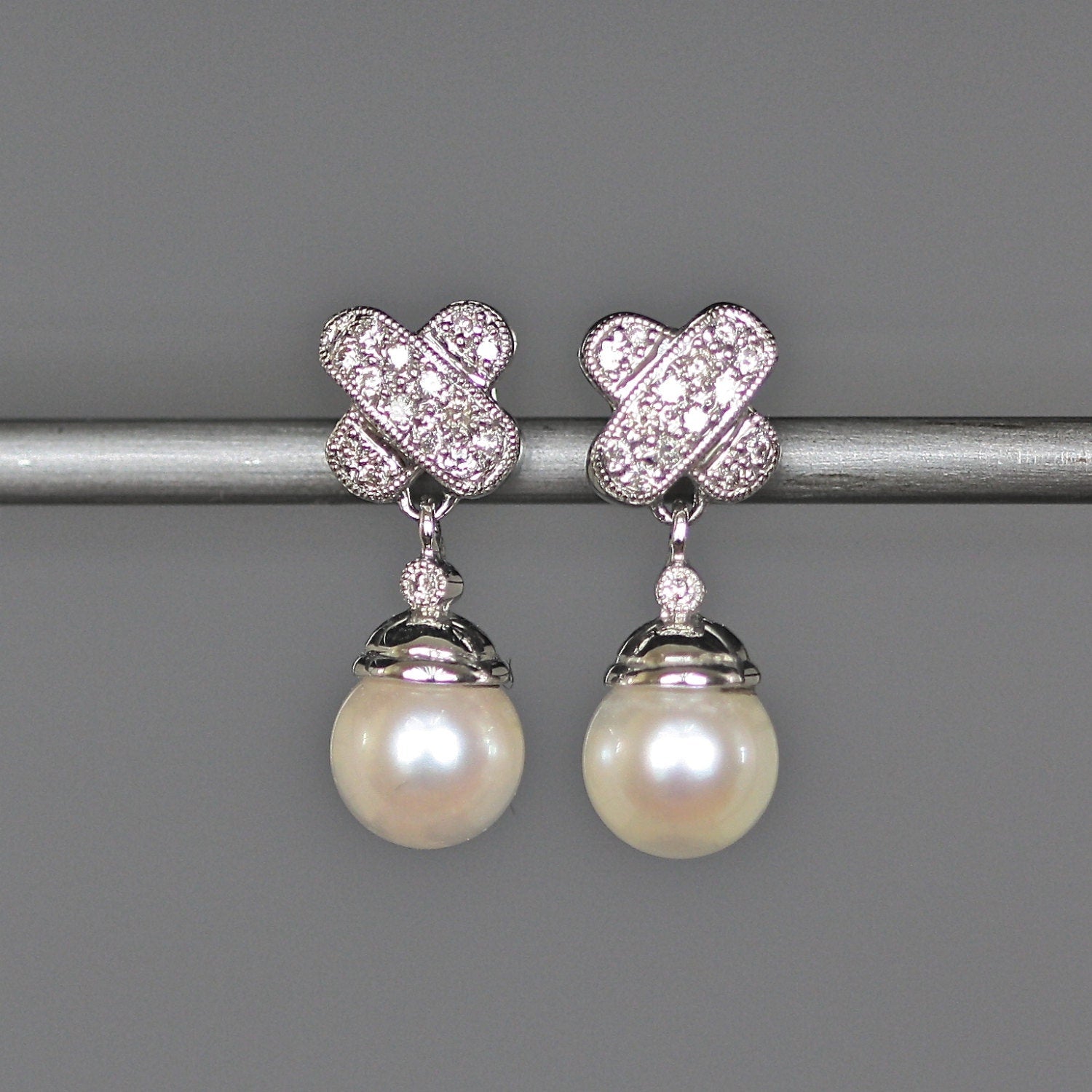Cultured Pearl and Pave Diamond Dangle Earrings in Gold