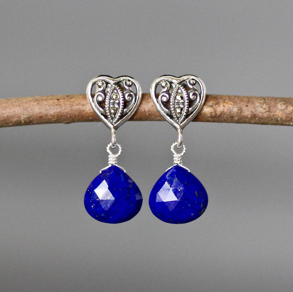 Lapis Lazuli Teardrop Earrings on Bali Sterling Silver Marcasite Heart Posts