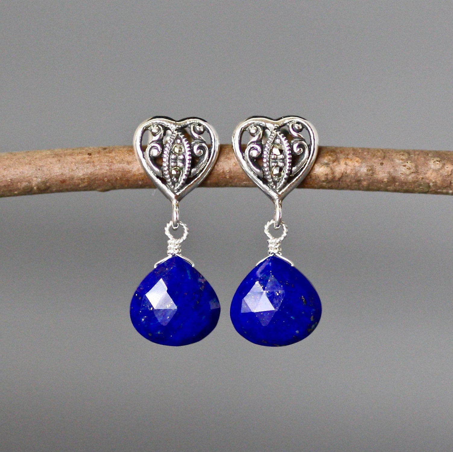 Lapis Lazuli Teardrop Earrings on Bali Sterling Silver Marcasite Heart Posts