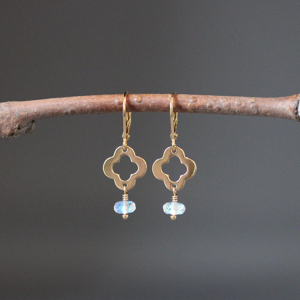 Fire Rainbow Moonstone Quartz Dangle Earrings on Gold Vermeil Quatrefoil Links