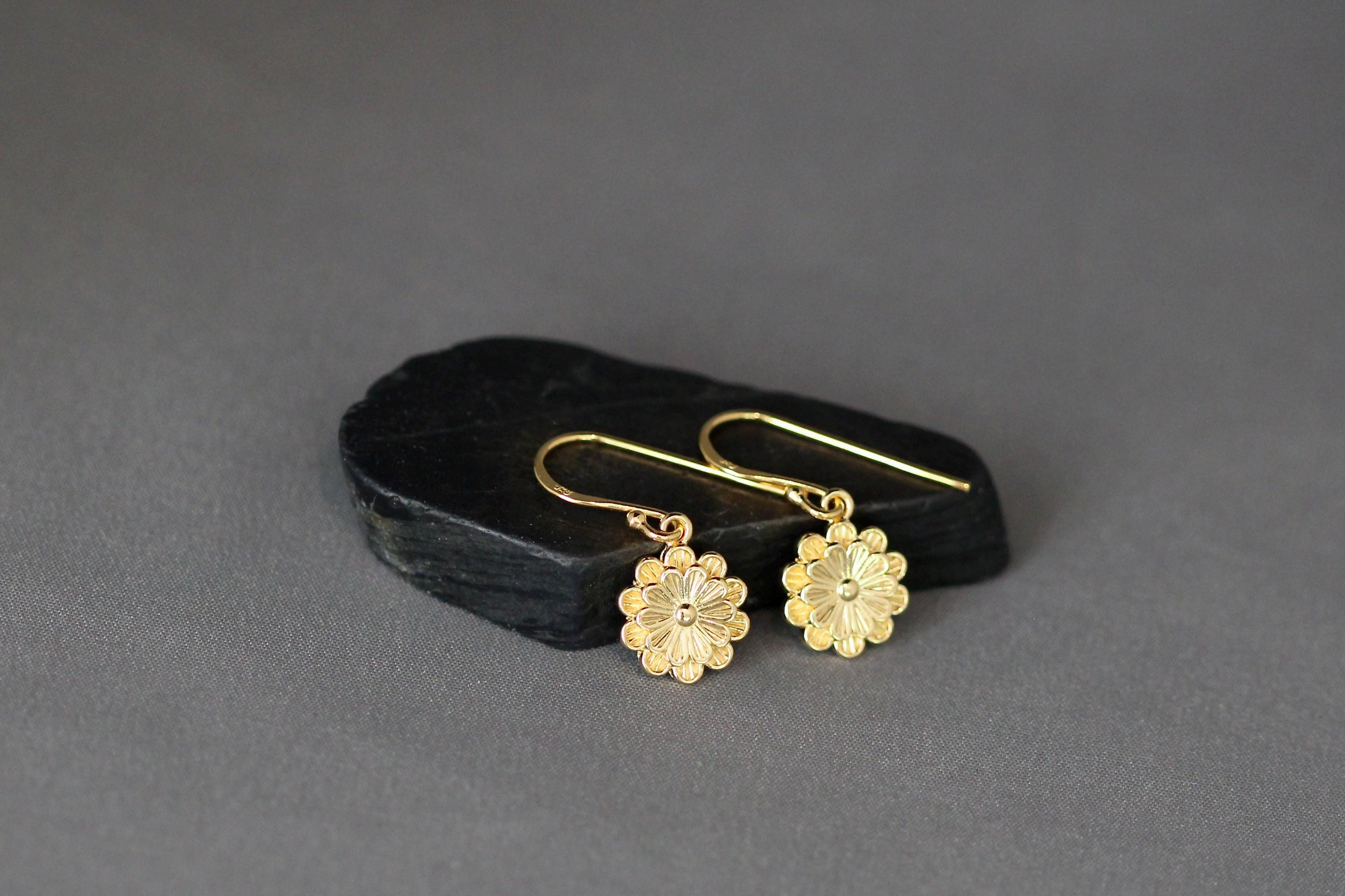 Double Gold Vermeil Flower Charm Dangle Earrings