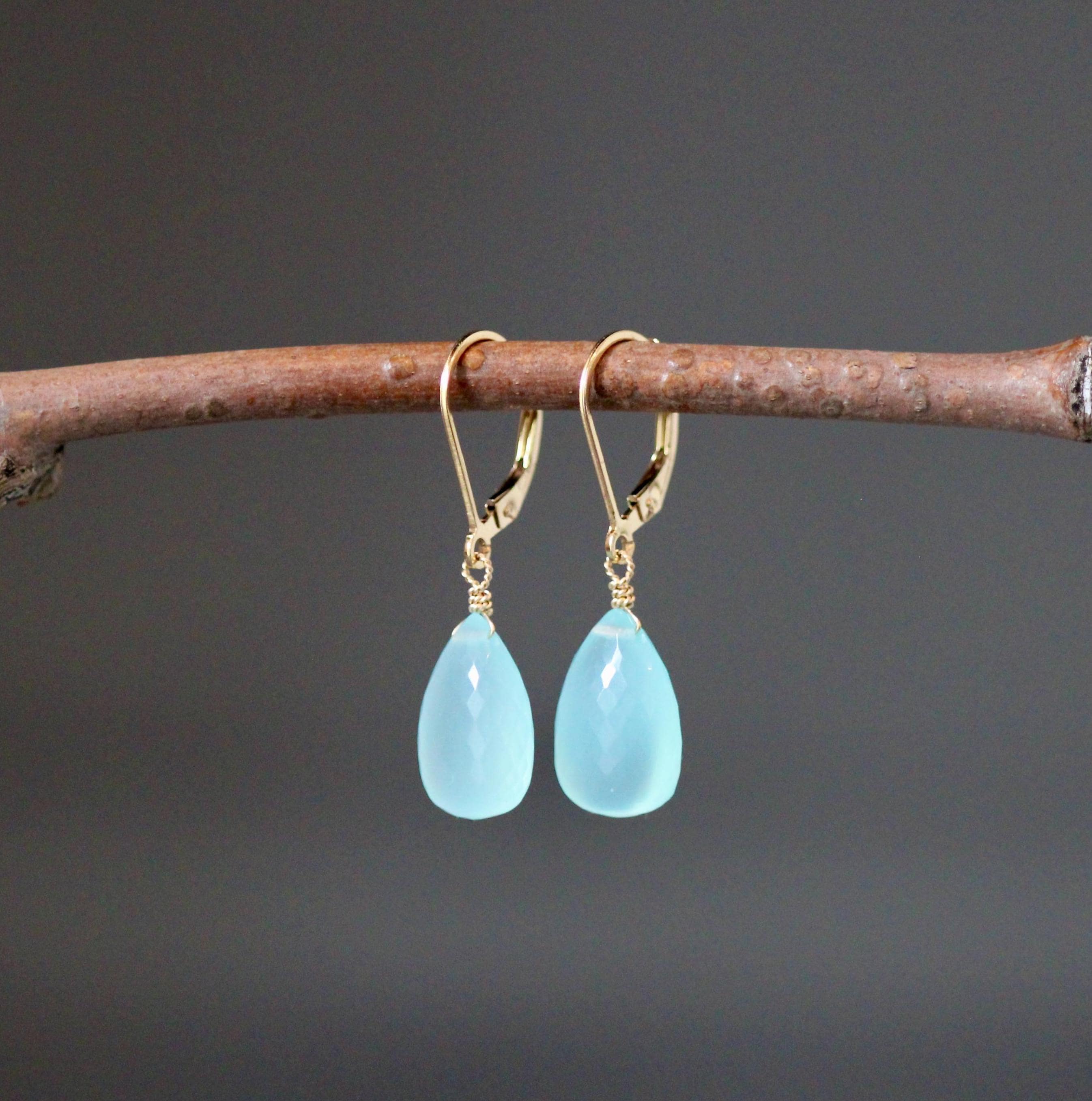Aqua Chalcedony and Gold Earrings