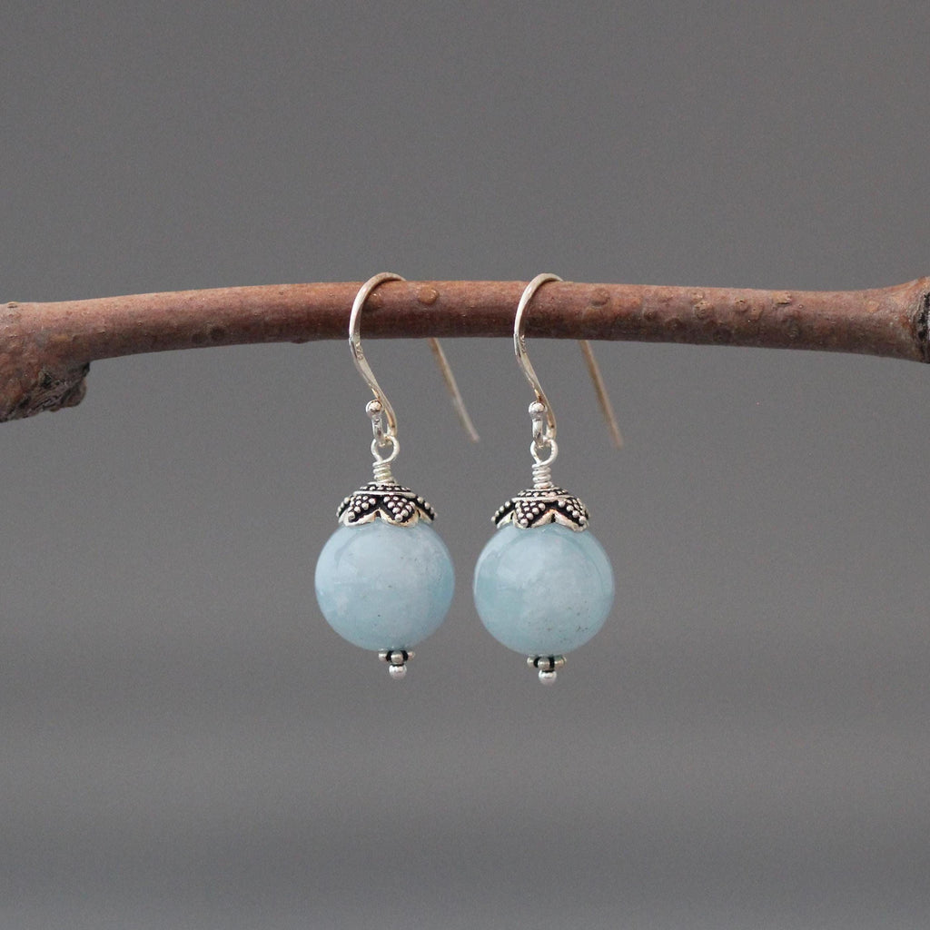 Blue Aquamarine and Bali Silver Earrings