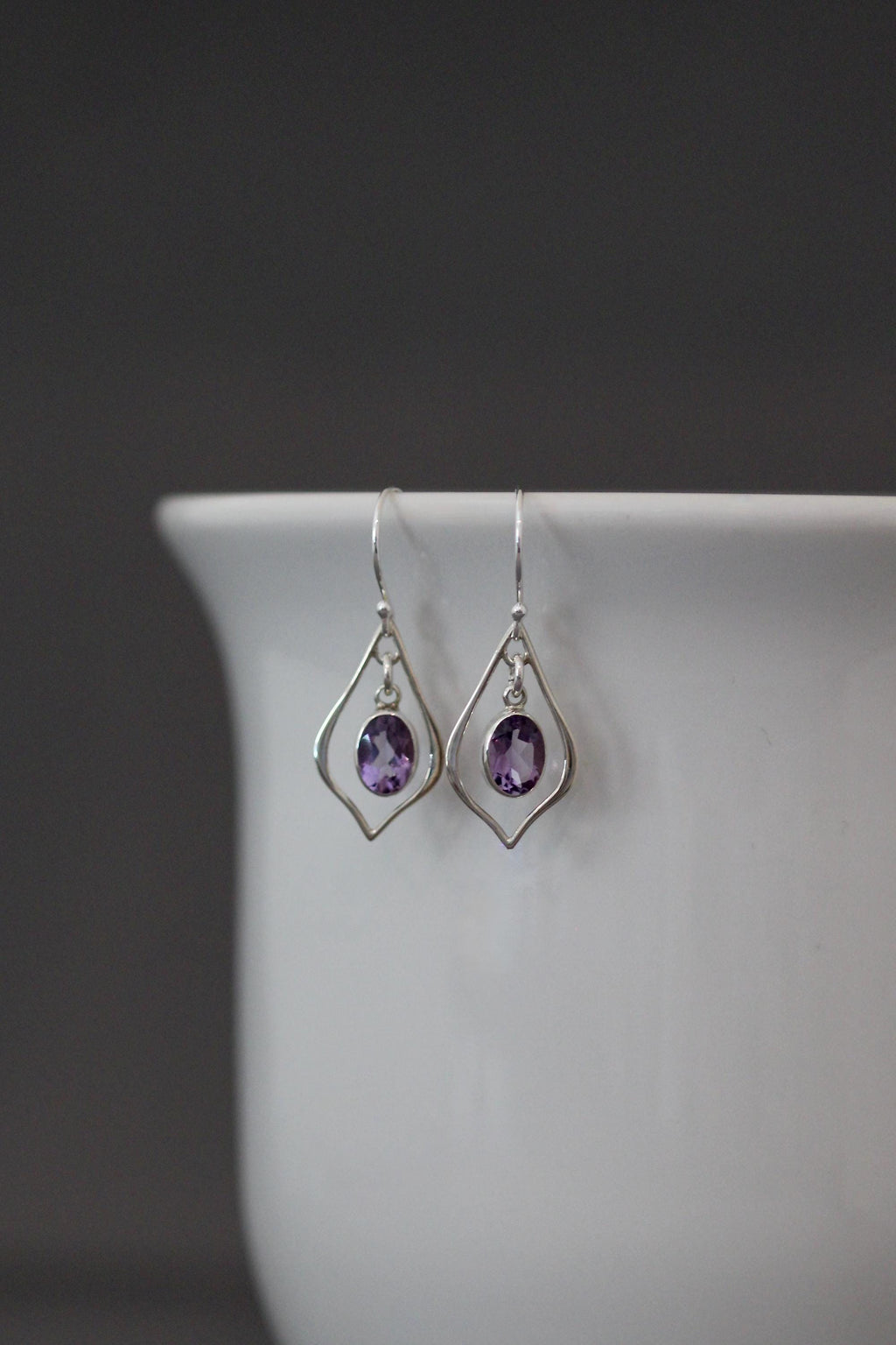 Purple Amethyst Oval and Bali Silver Earrings