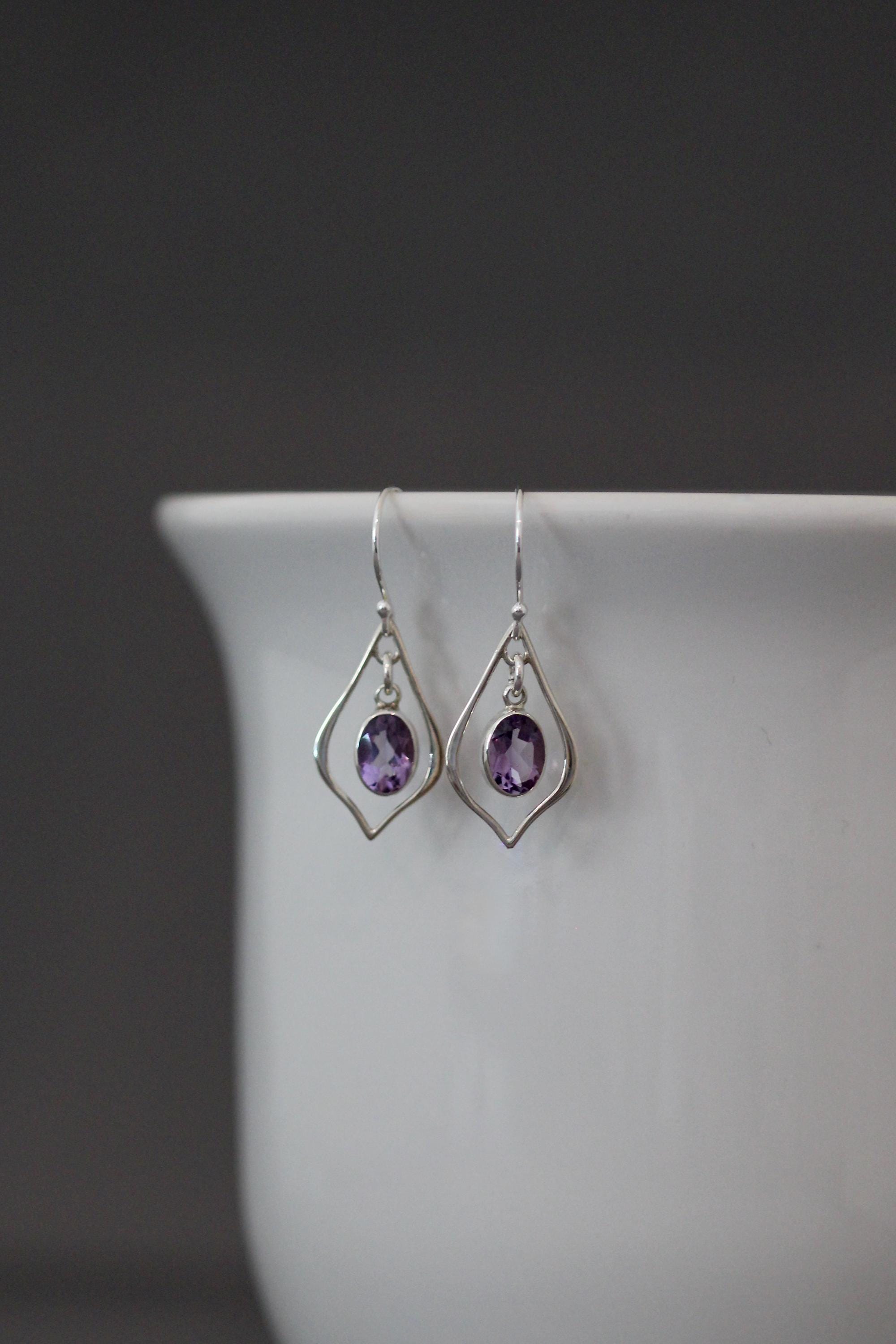 Purple Amethyst Oval and Bali Silver Earrings