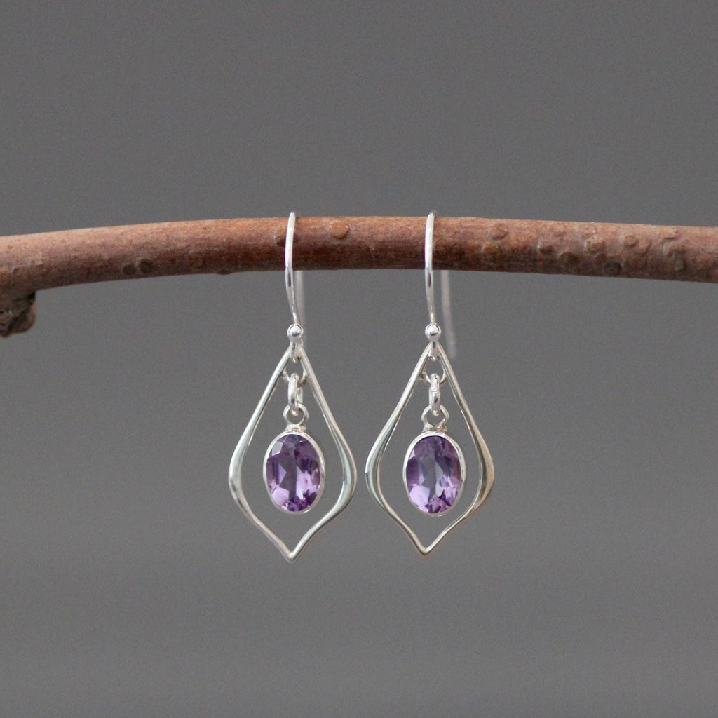 Purple Amethyst Oval and Bali Silver Earrings