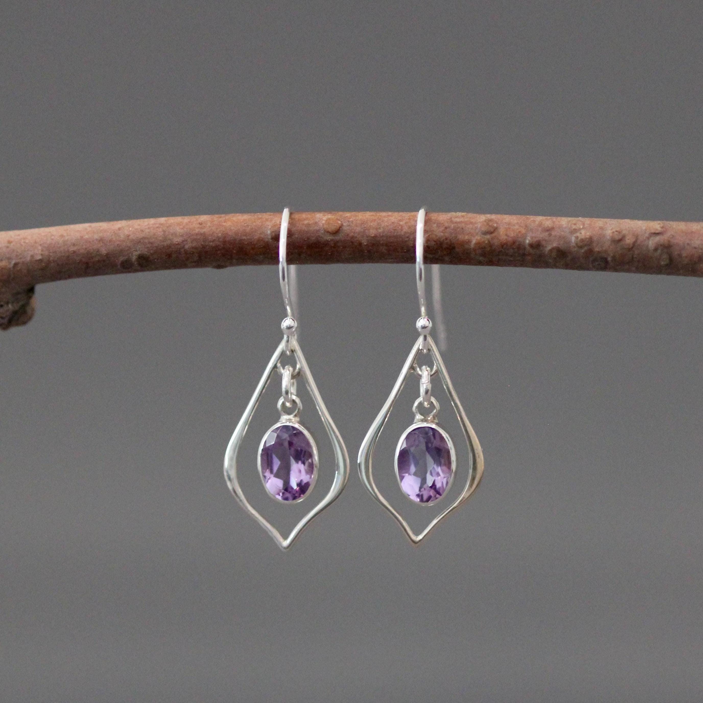 Purple Amethyst Oval and Bali Silver Earrings