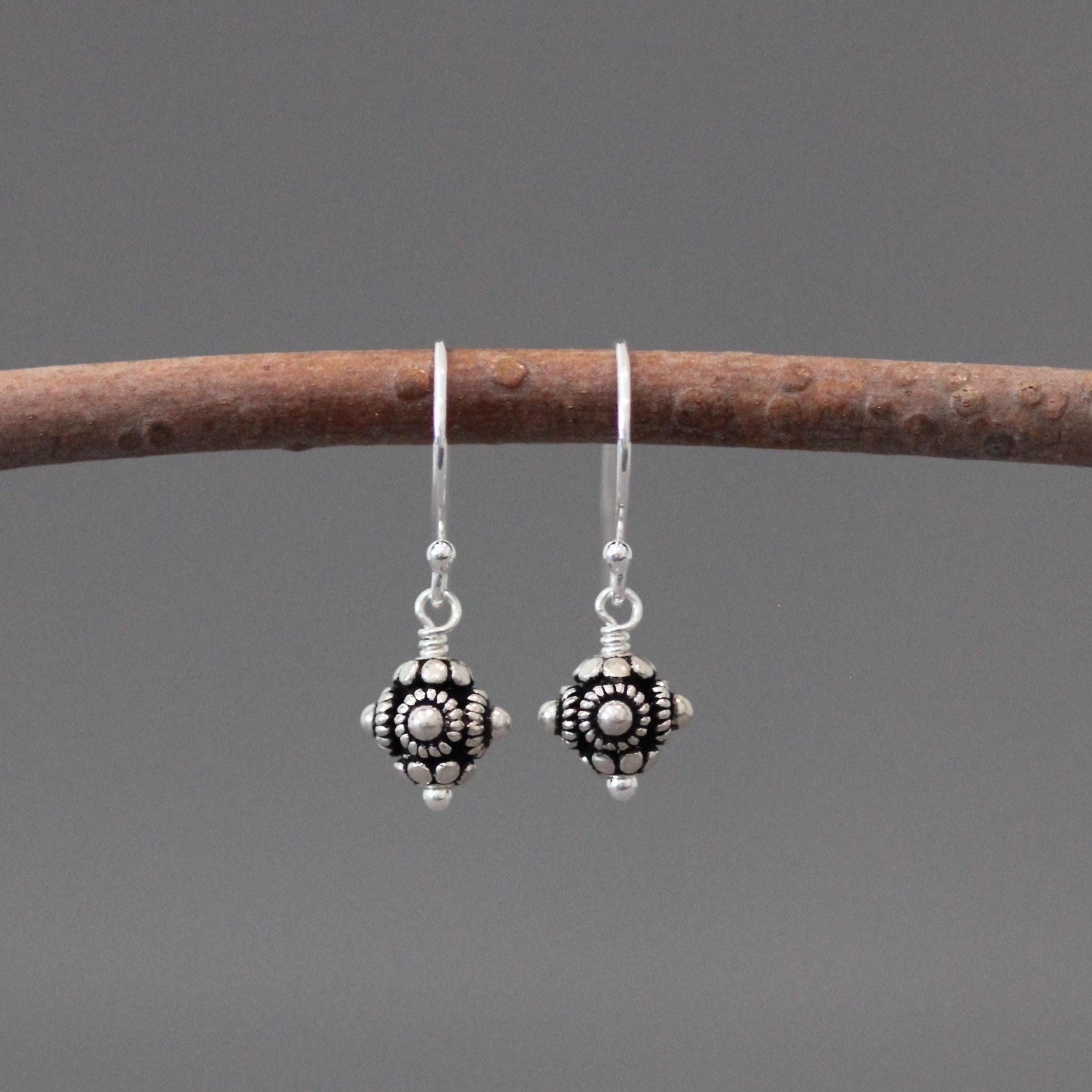 Small Bali Silver Bead Dangle Earrings