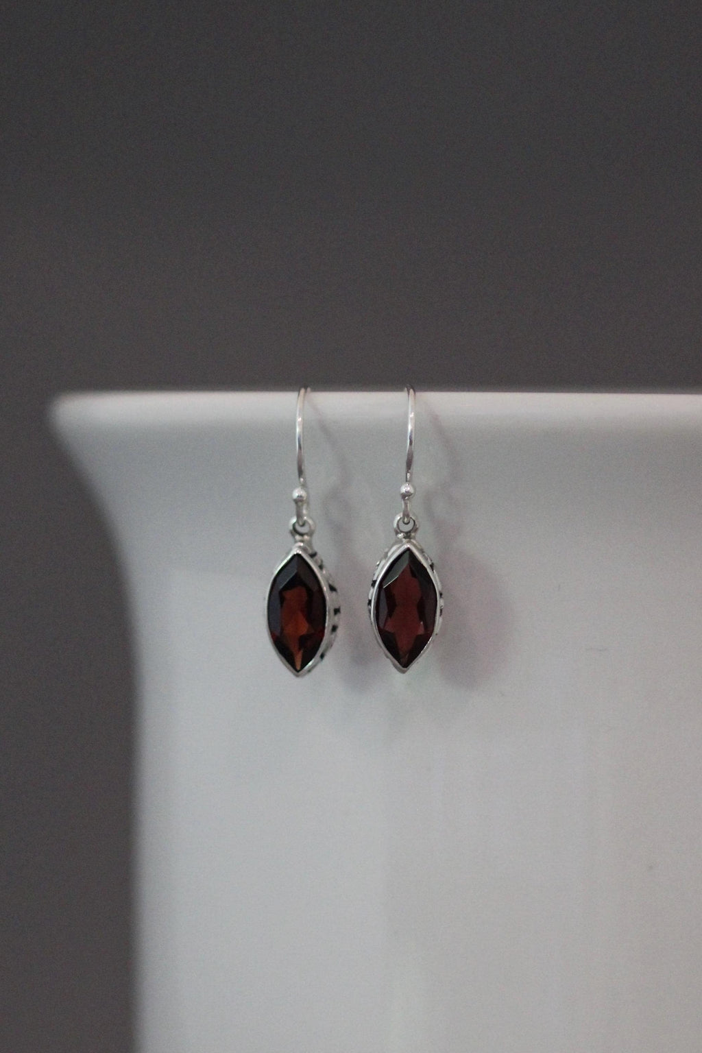 Marquise Red Garnet and Bali Silver Earrings