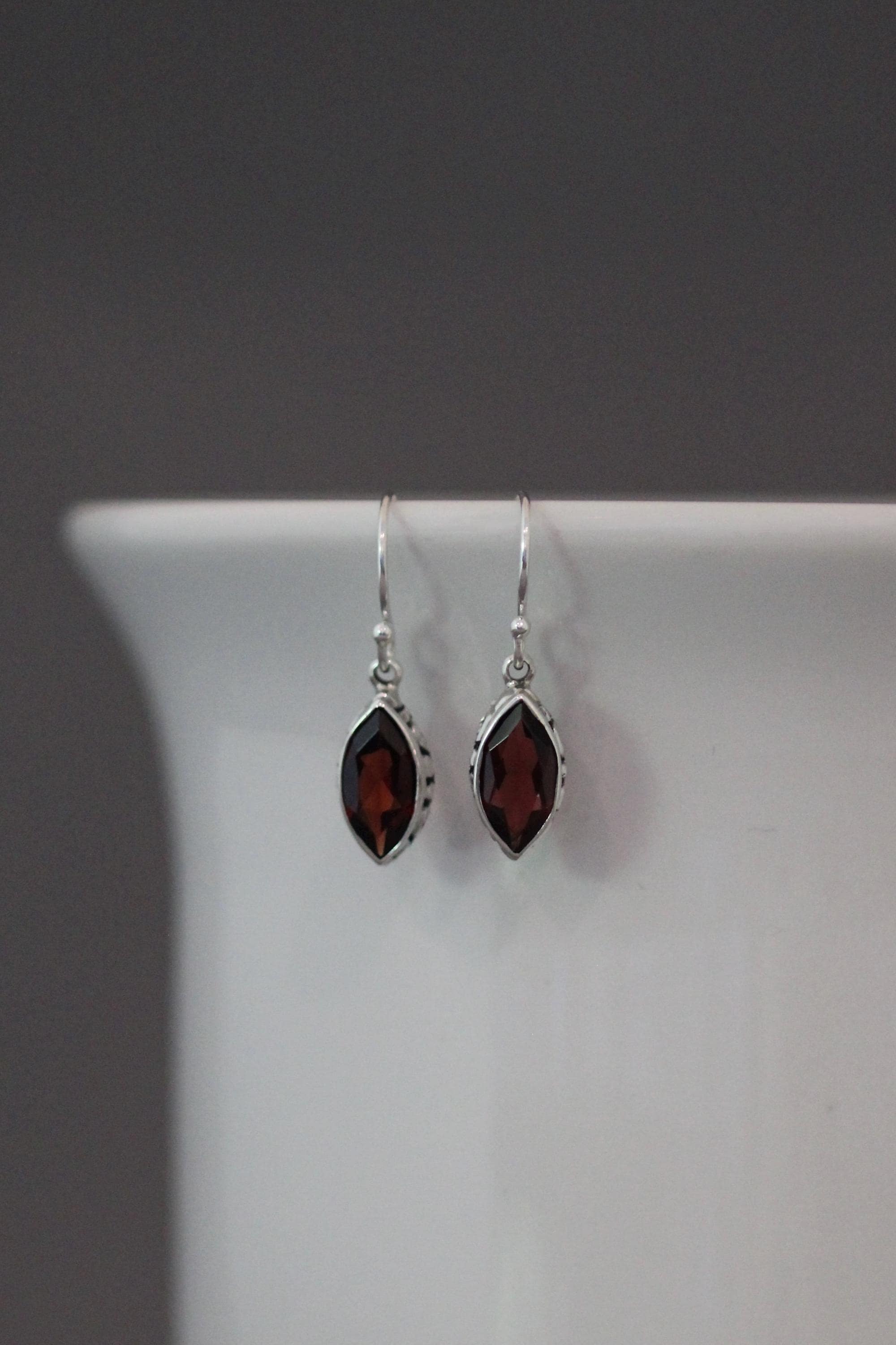 Marquise Red Garnet and Bali Silver Earrings