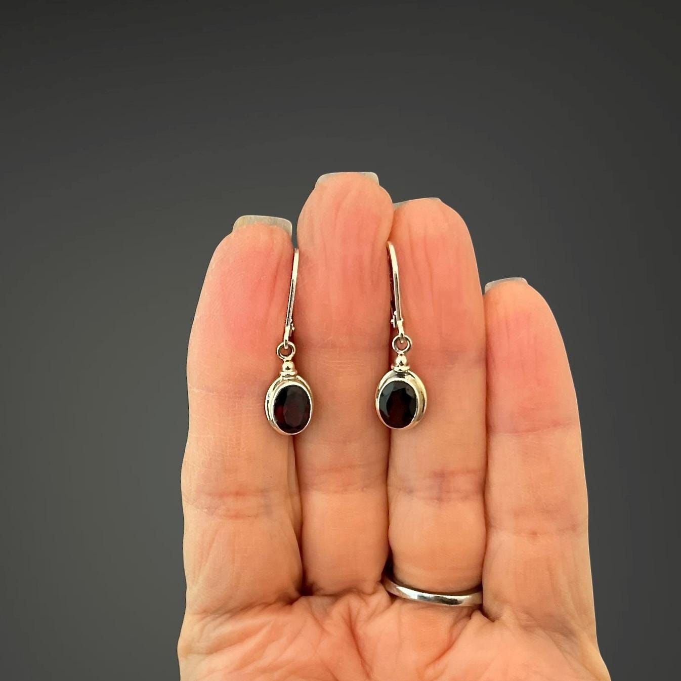 Oval Red Garnet and Bali Silver Earrings