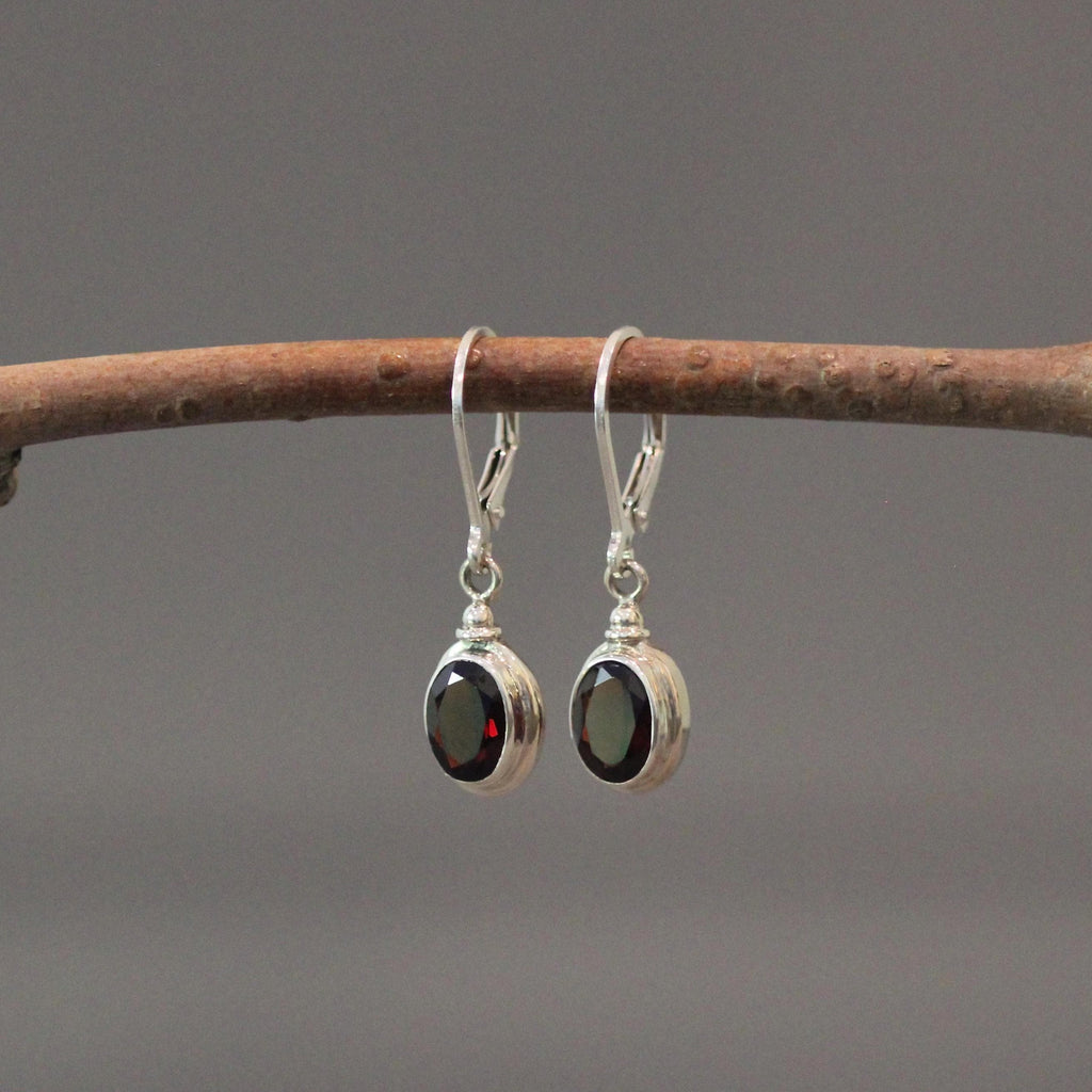 Oval Red Garnet and Bali Silver Earrings