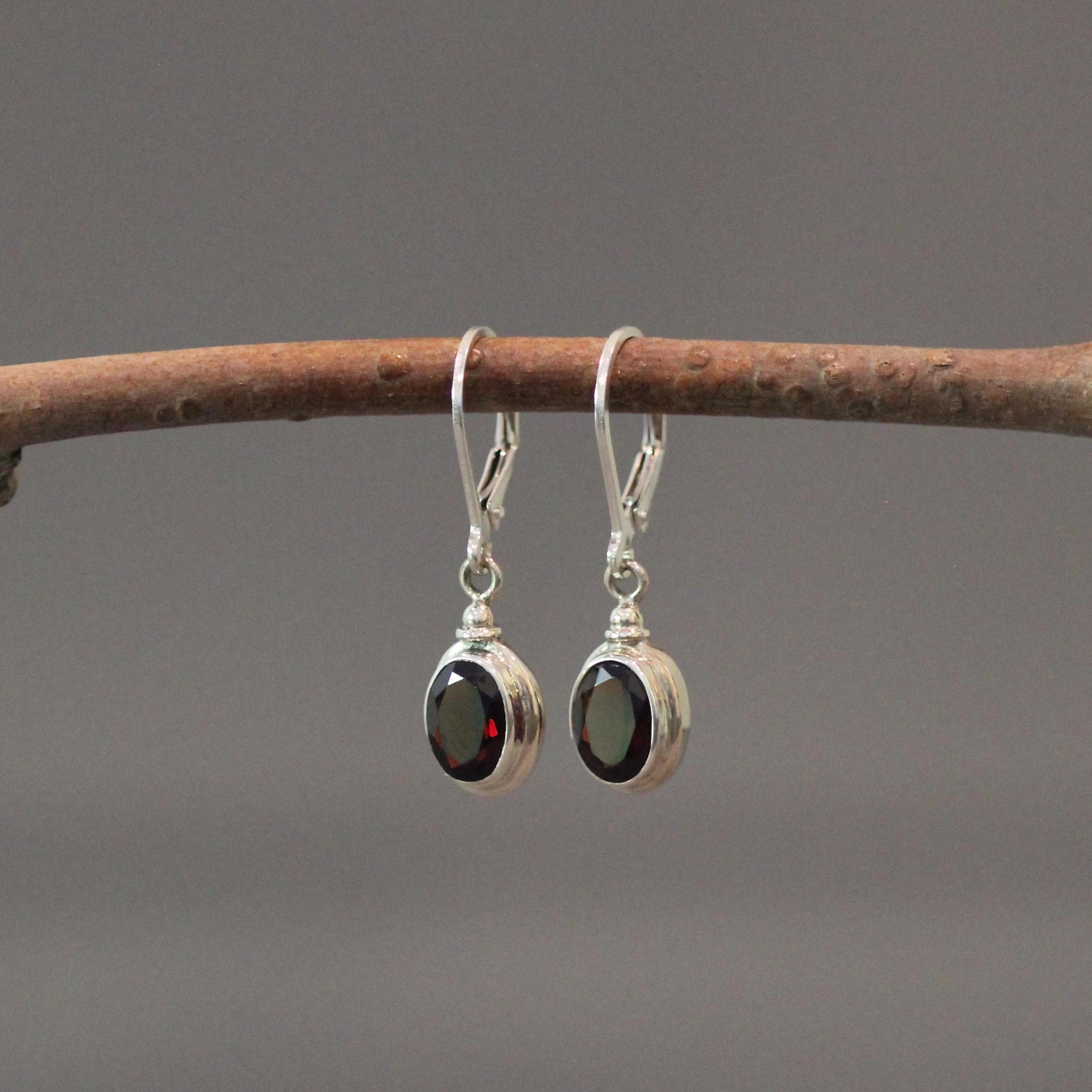 Oval Red Garnet and Bali Silver Earrings