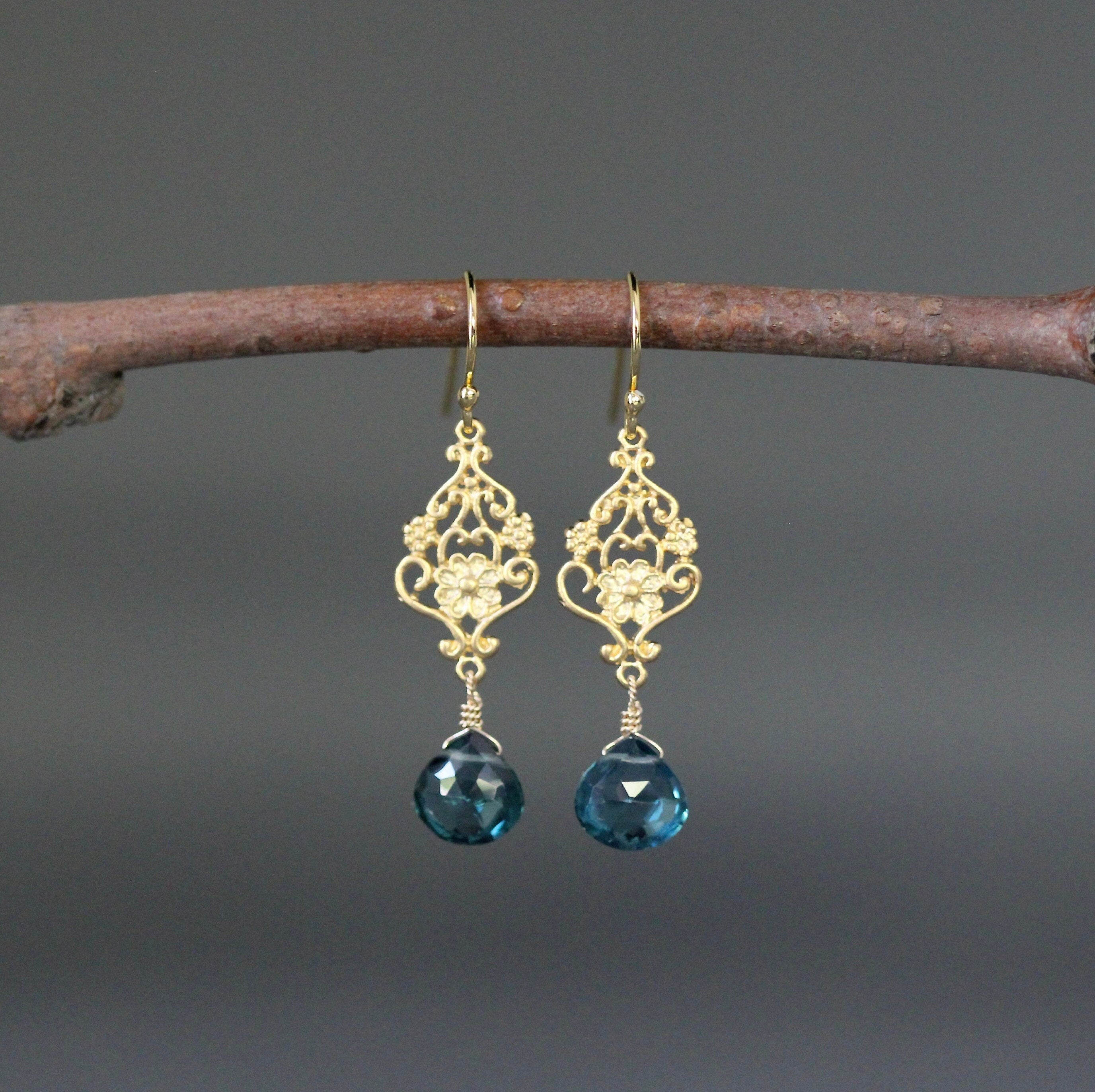 London Blue Topaz Quartz and Gold Earrings