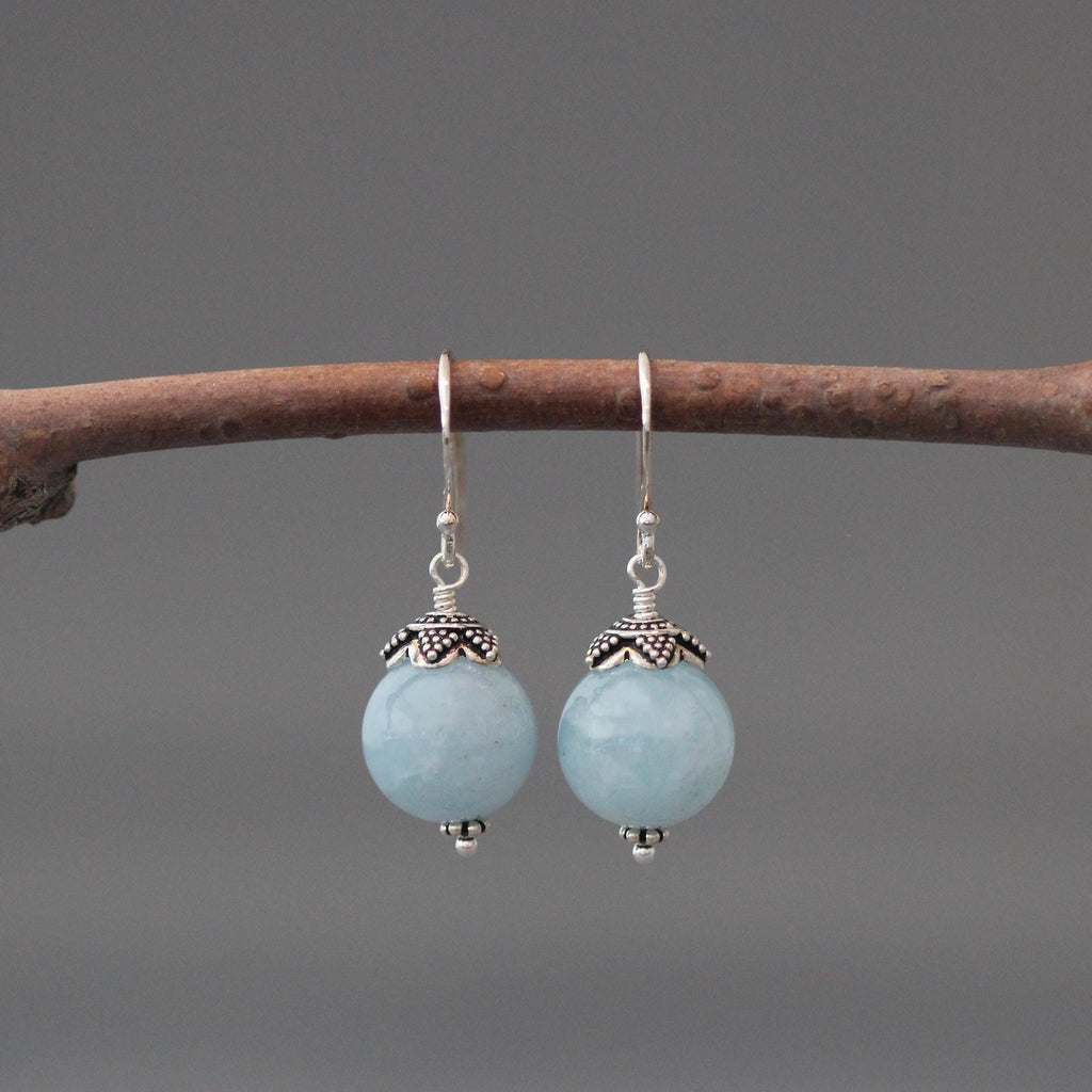 Blue Aquamarine and Bali Silver Earrings