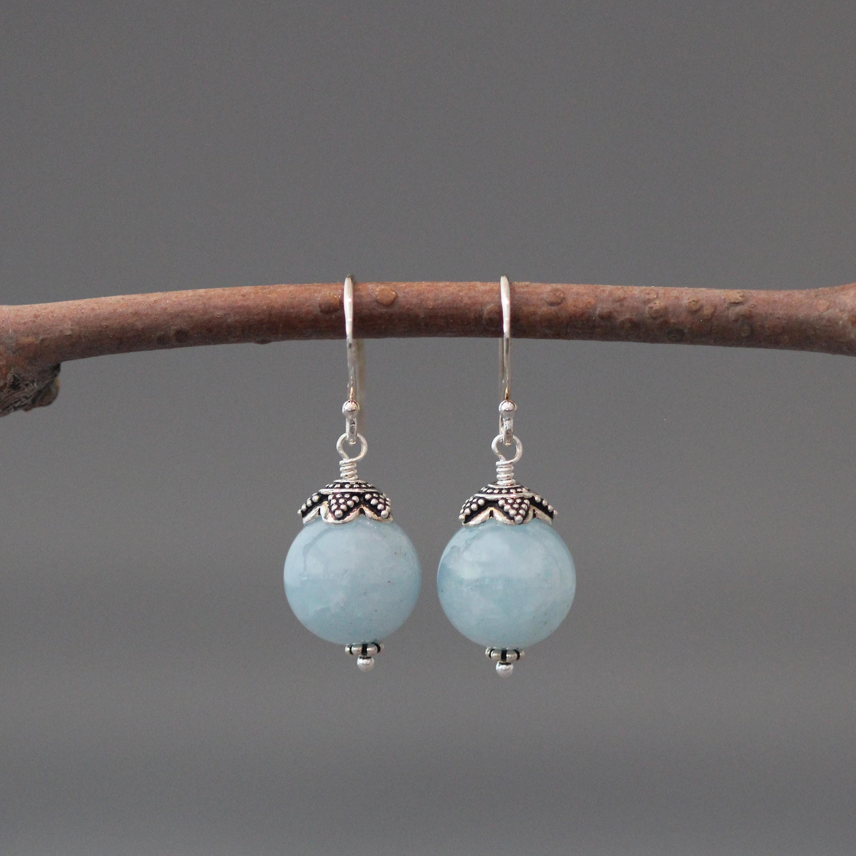 Blue Aquamarine and Bali Silver Earrings