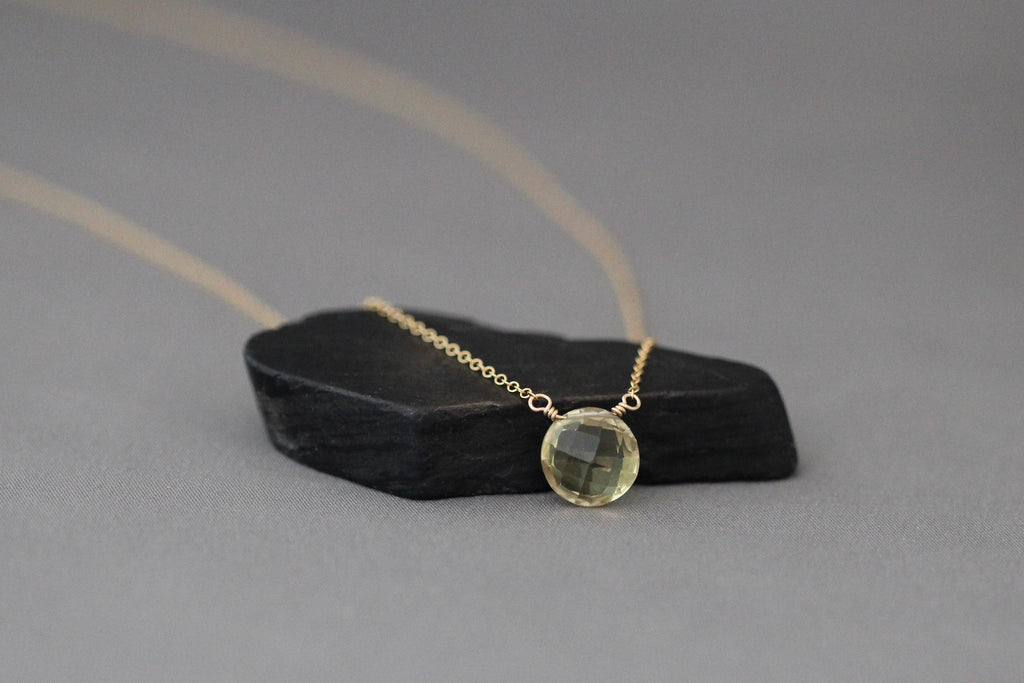 Wire Wrapped Yellow Lemon Quartz and Gold Necklace