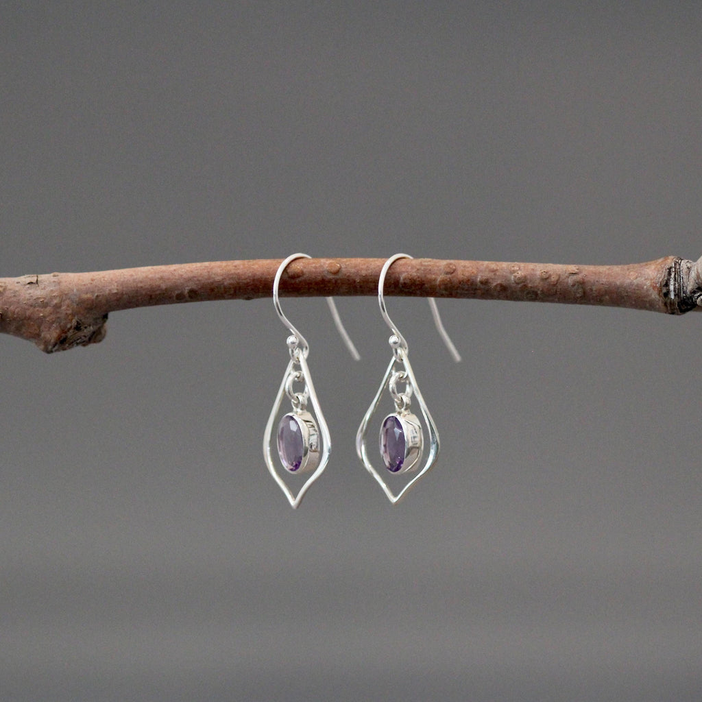 Purple Amethyst Oval and Bali Silver Earrings