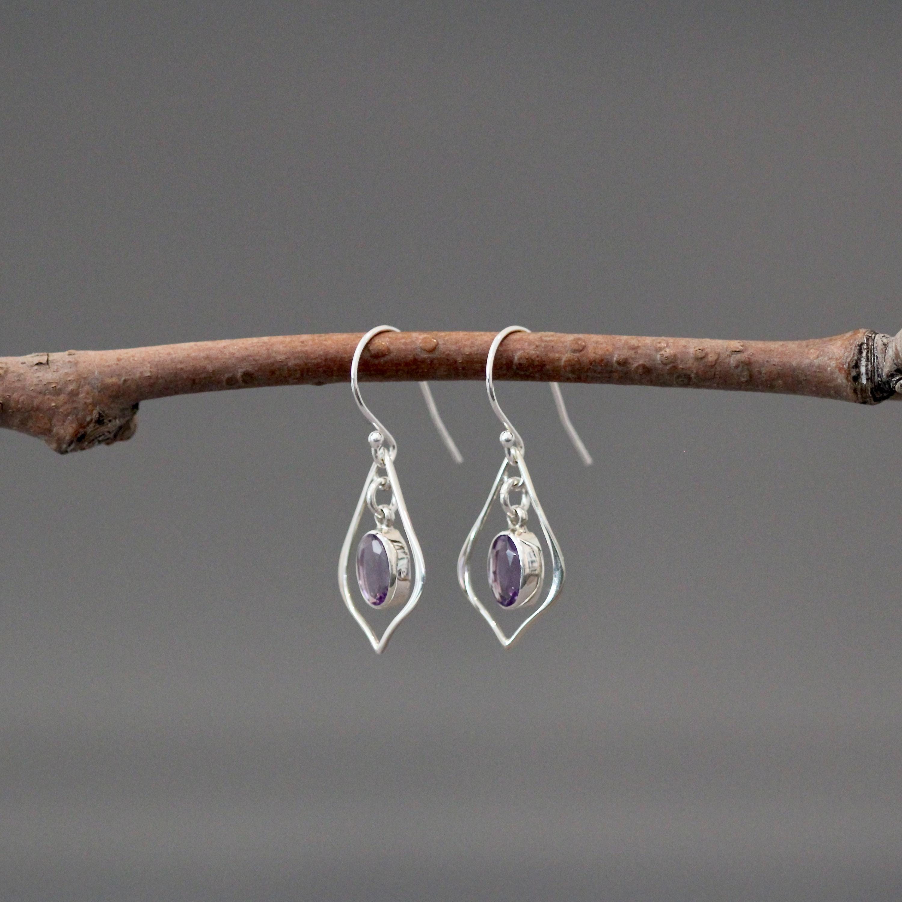 Purple Amethyst Oval and Bali Silver Earrings