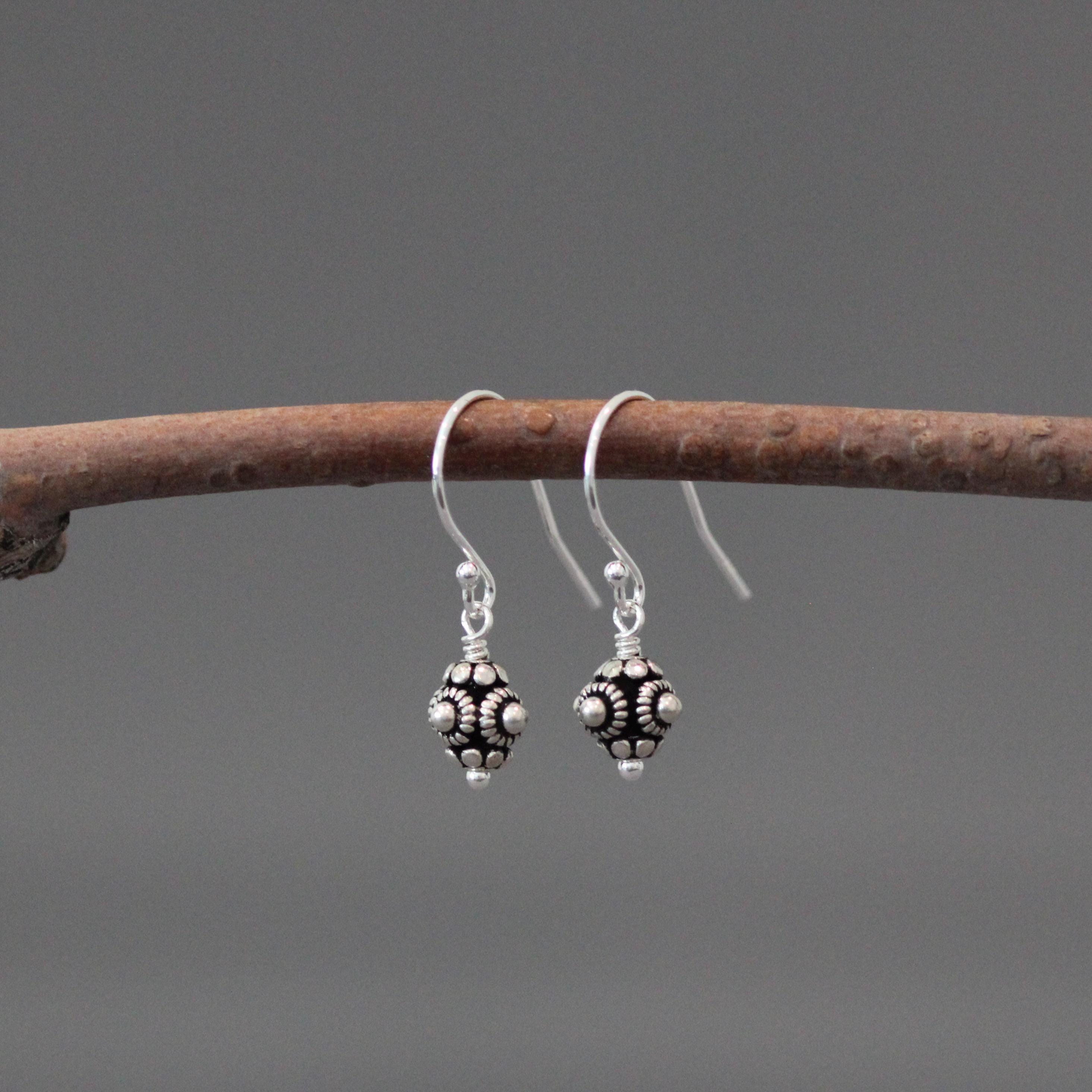 Small Bali Silver Bead Dangle Earrings