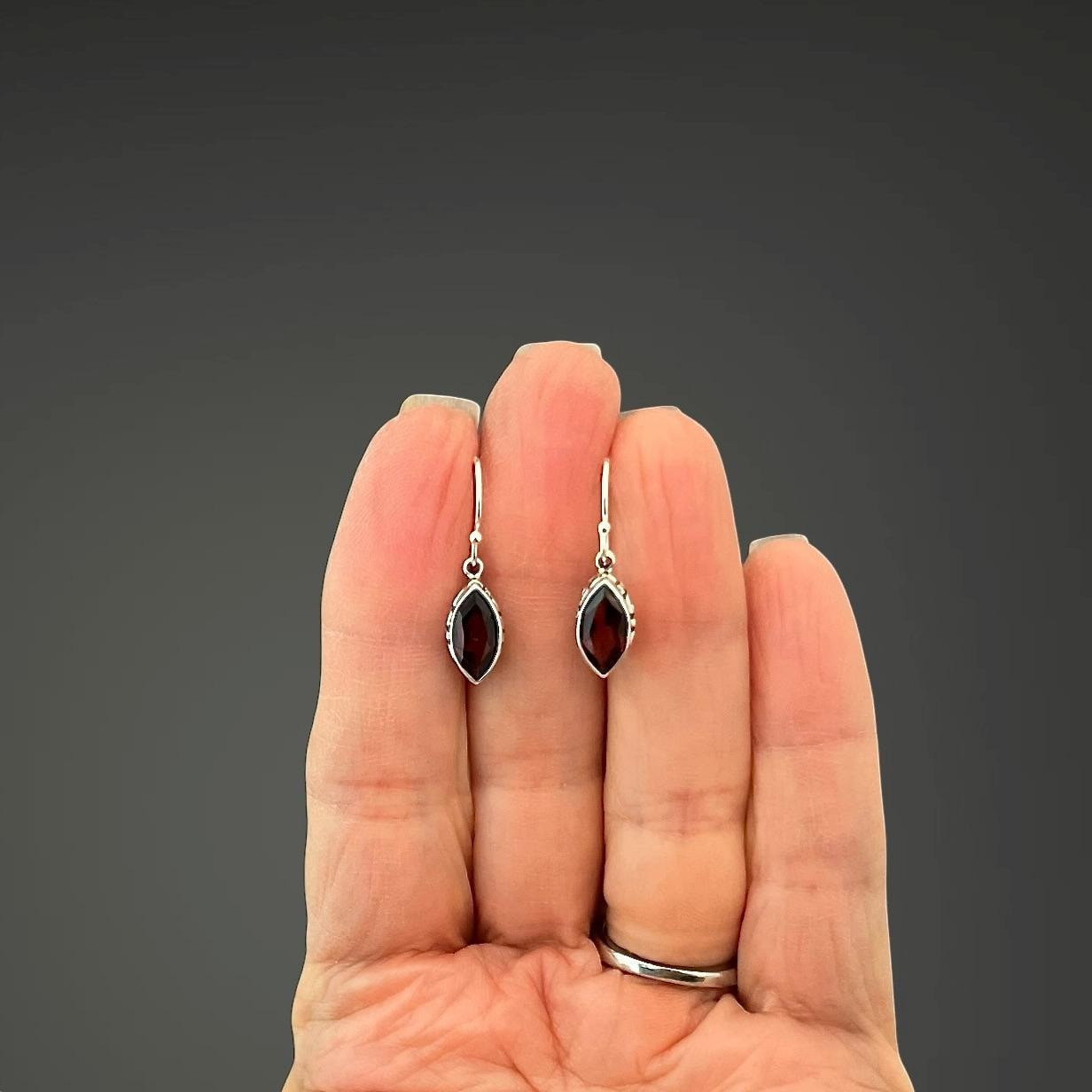 Marquise Red Garnet and Bali Silver Earrings