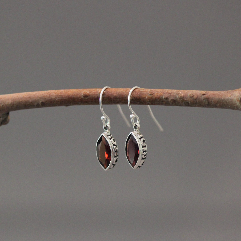 Marquise Red Garnet and Bali Silver Earrings